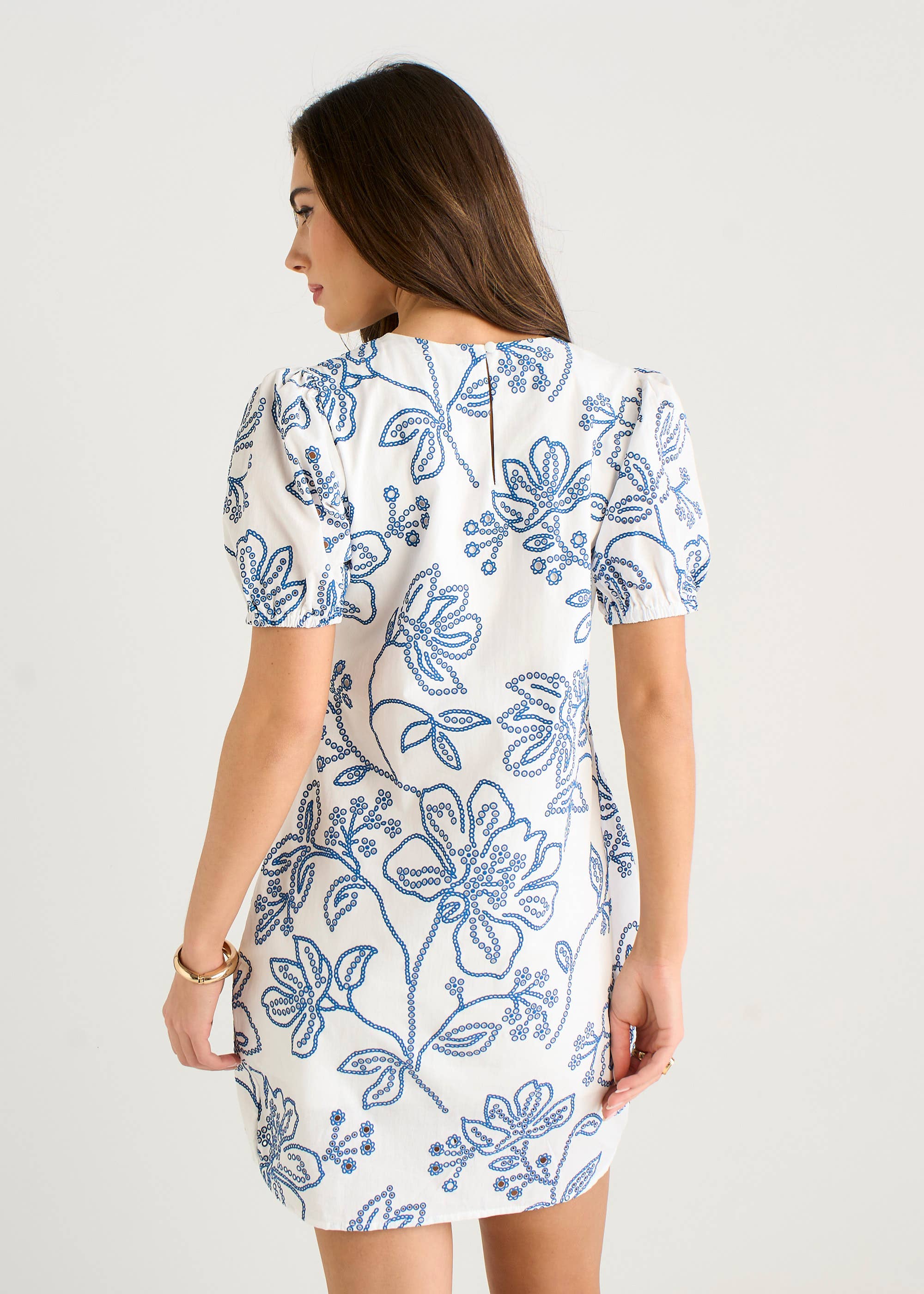 White & Blue Floral Print Mini Dress