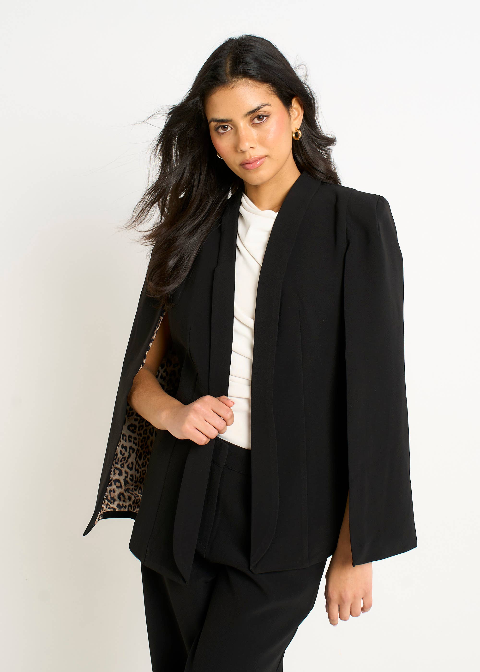 Black Tailored Cape with Leopard Print Lining