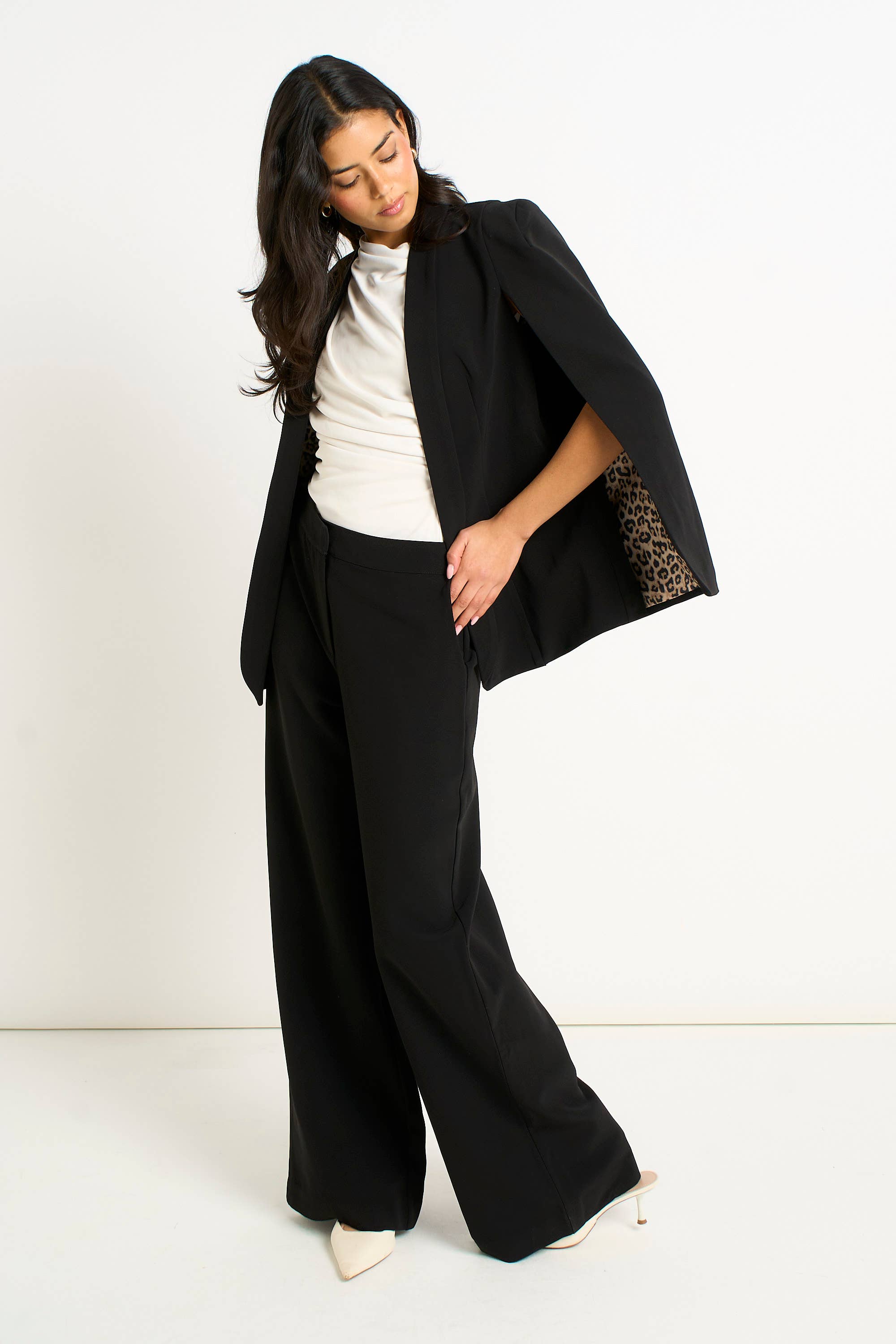 Black Tailored Cape with Leopard Print Lining