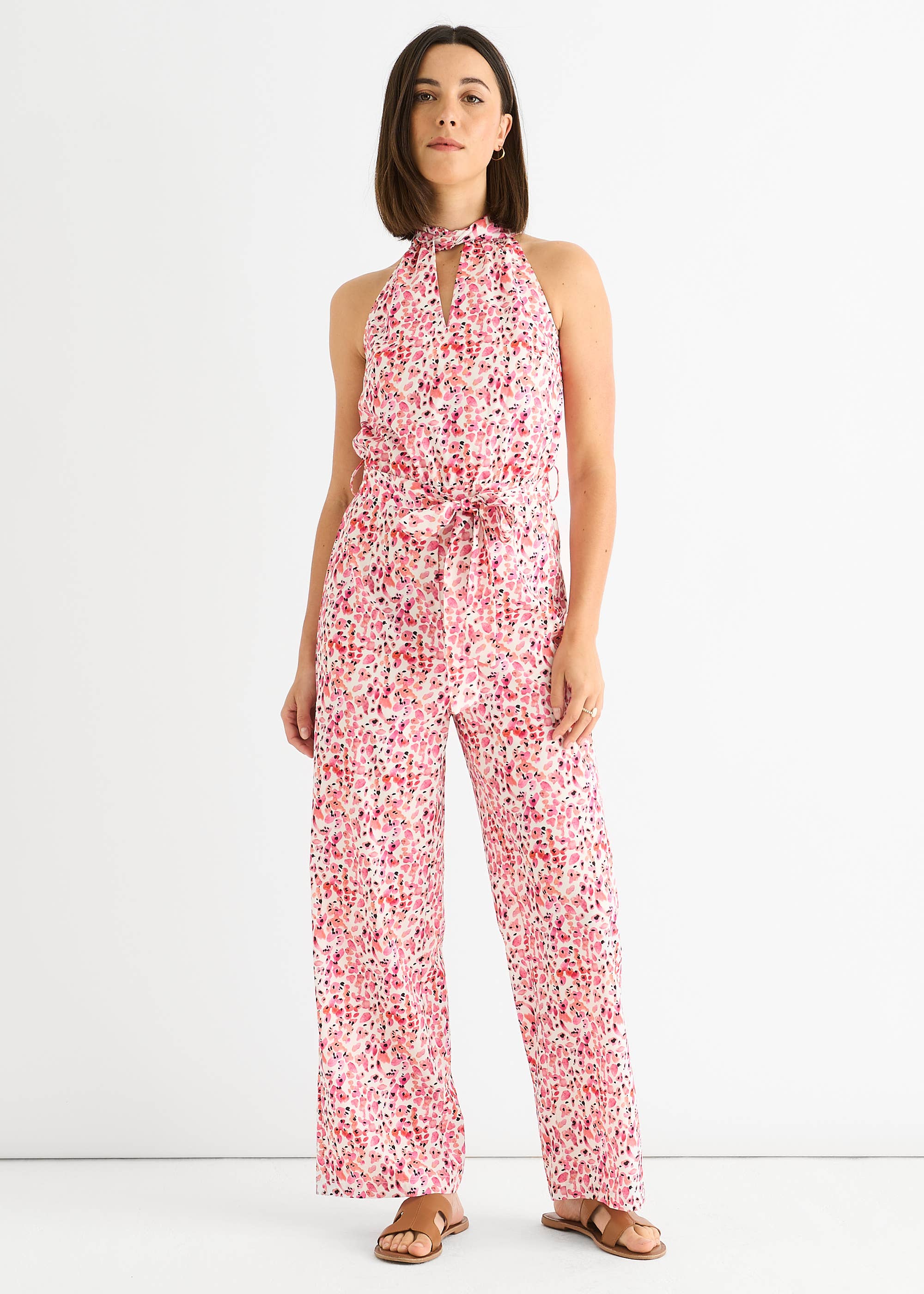 Pink Floral Halter Neck Jumpsuit