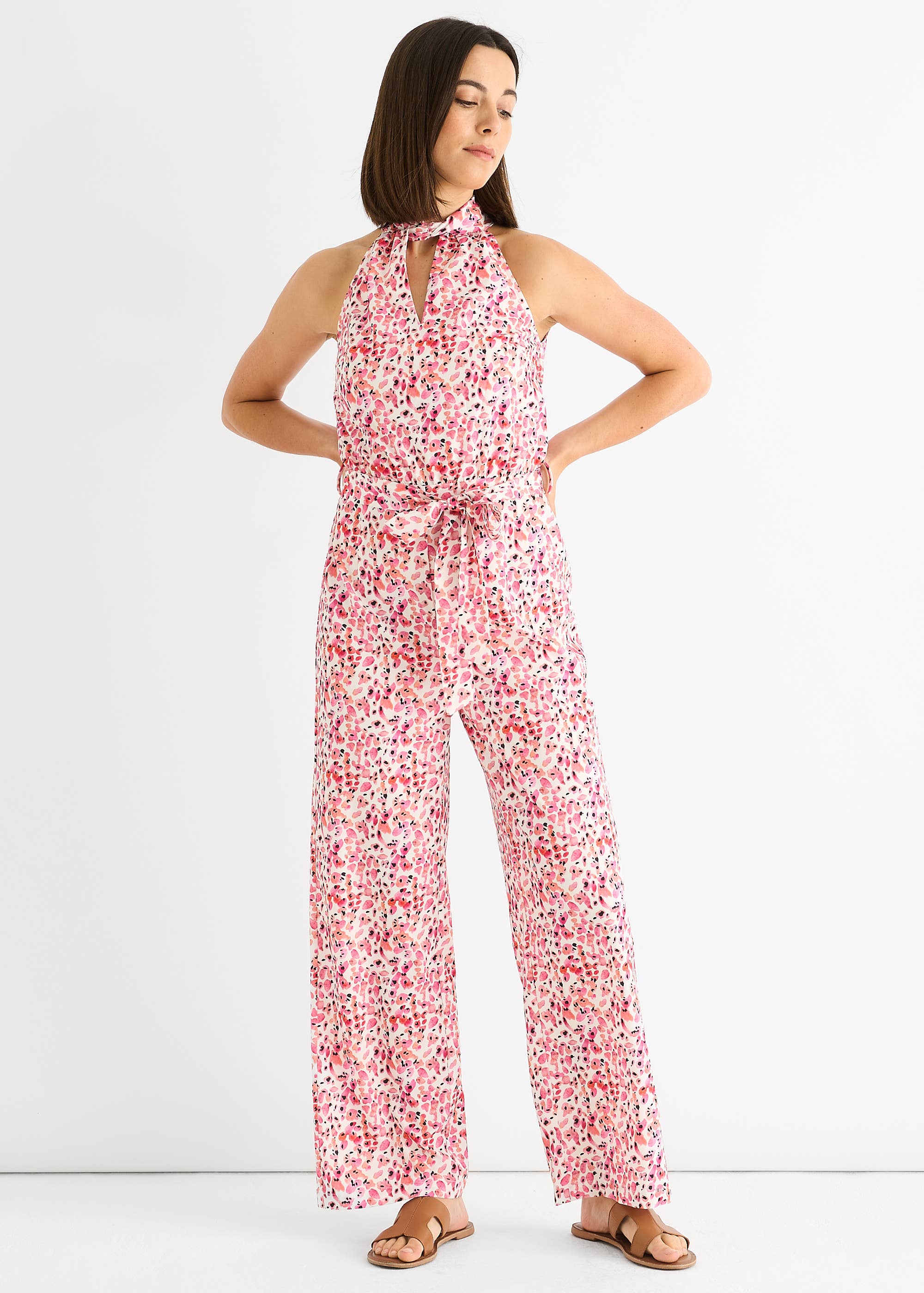 Pink Floral Halter Neck Jumpsuit