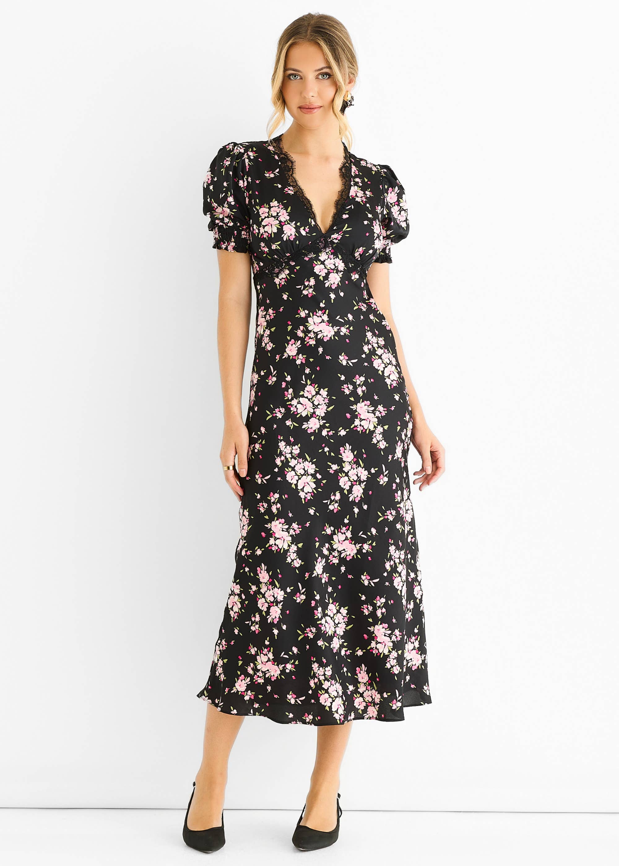 Black Floral Lace Trim Bias Midi Dress