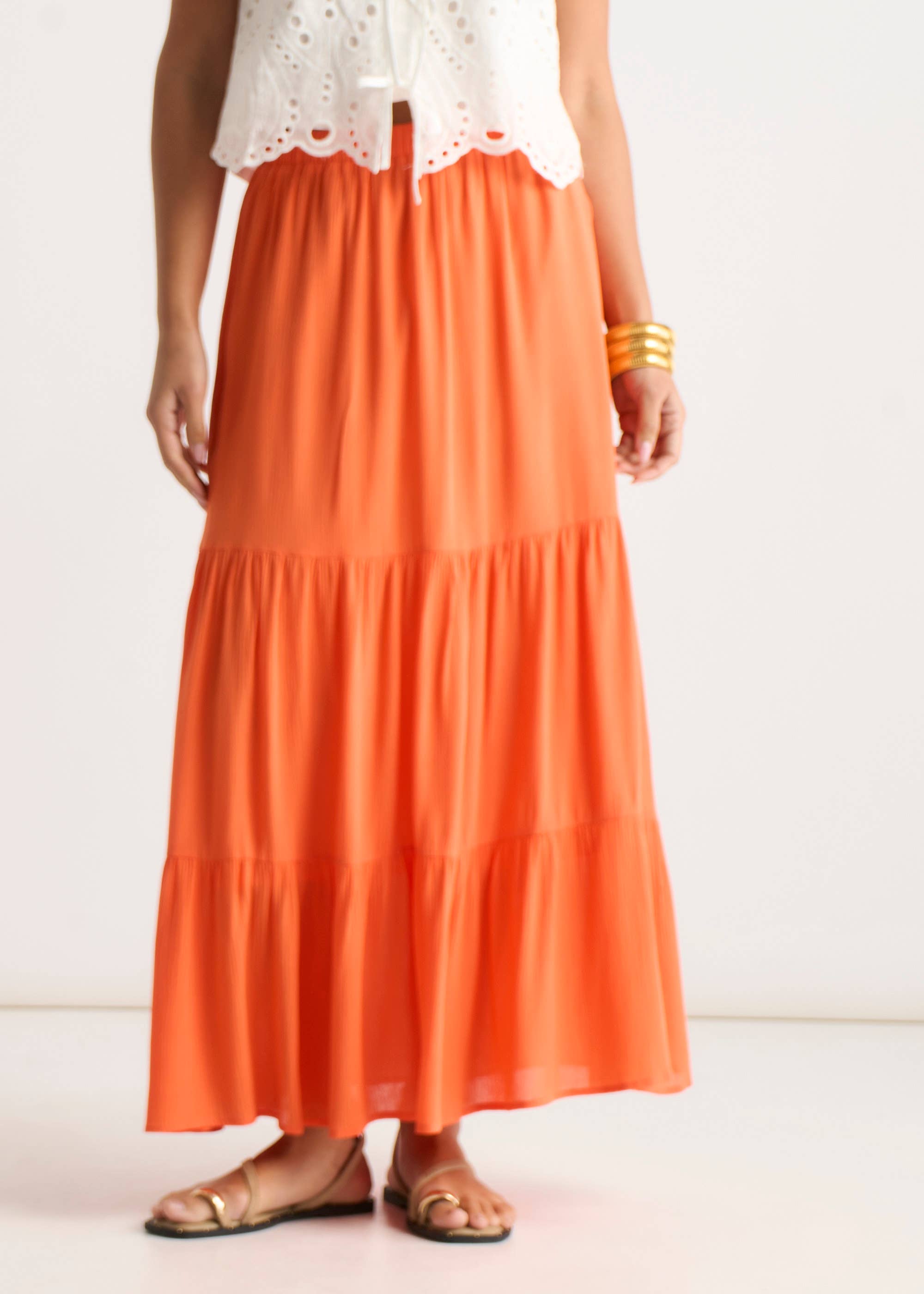 Orange Viscose Tiered Skater Maxi Skirt
