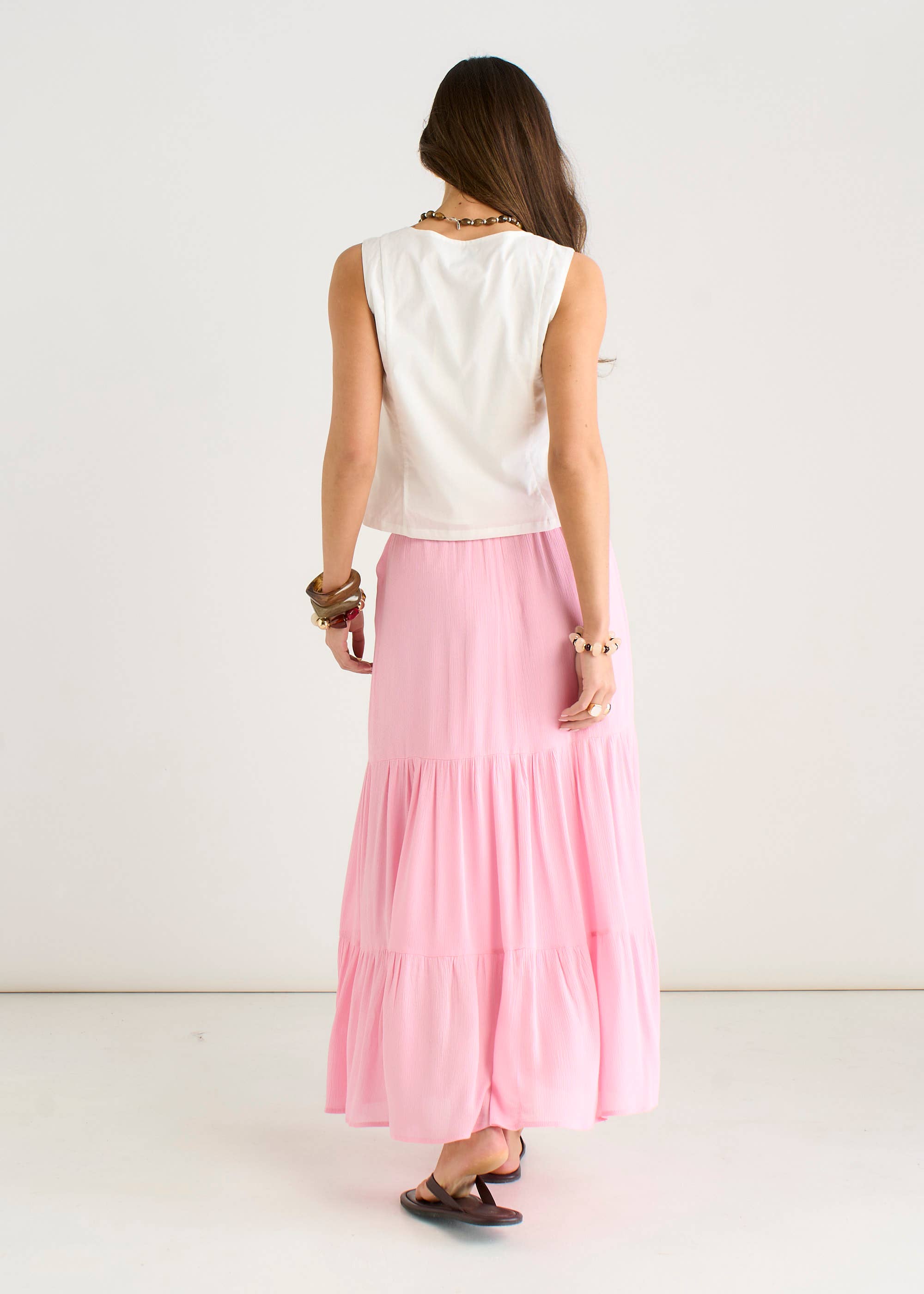 Pink Viscose Tiered Skater Maxi Skirt