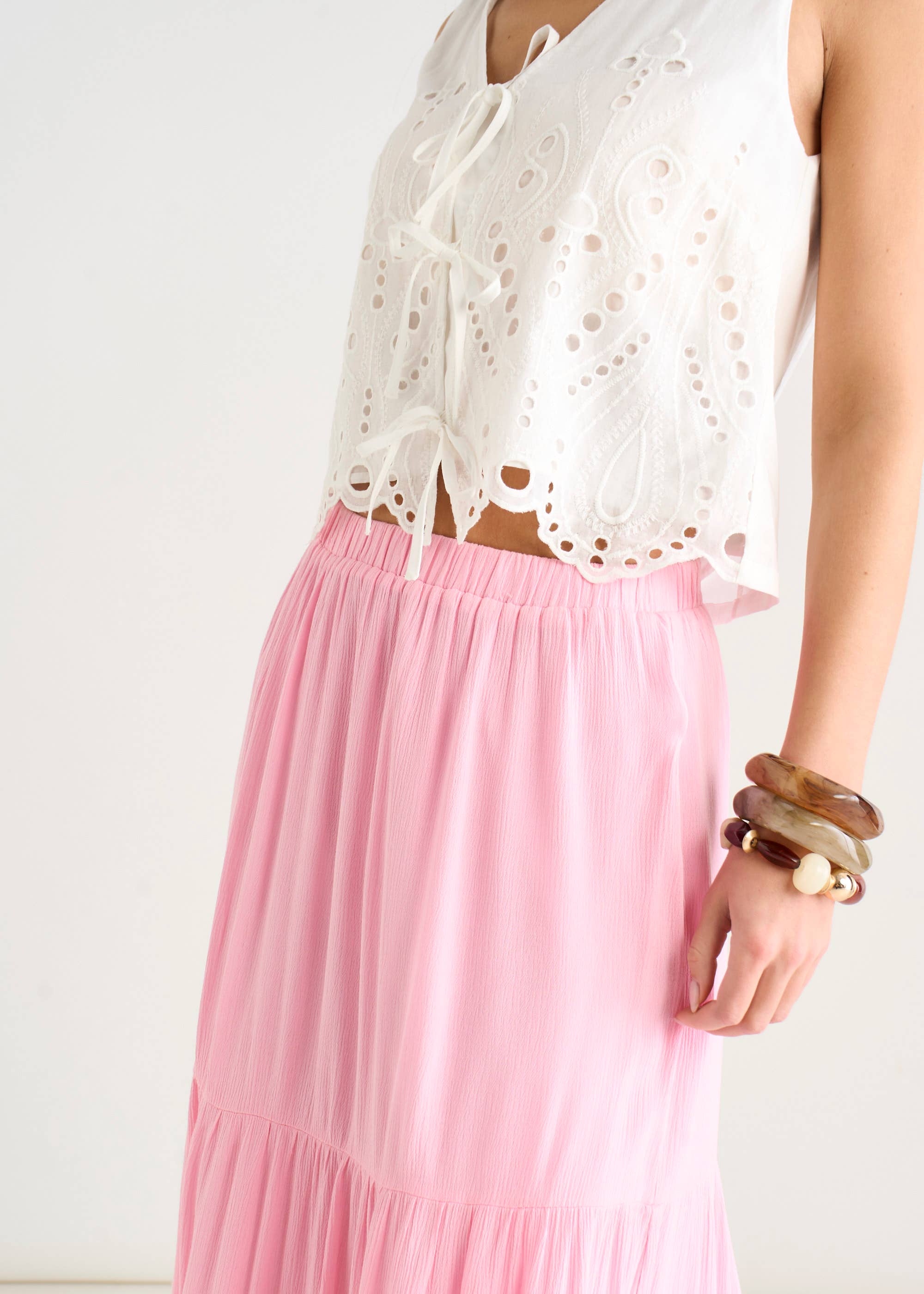 Pink Viscose Tiered Skater Maxi Skirt