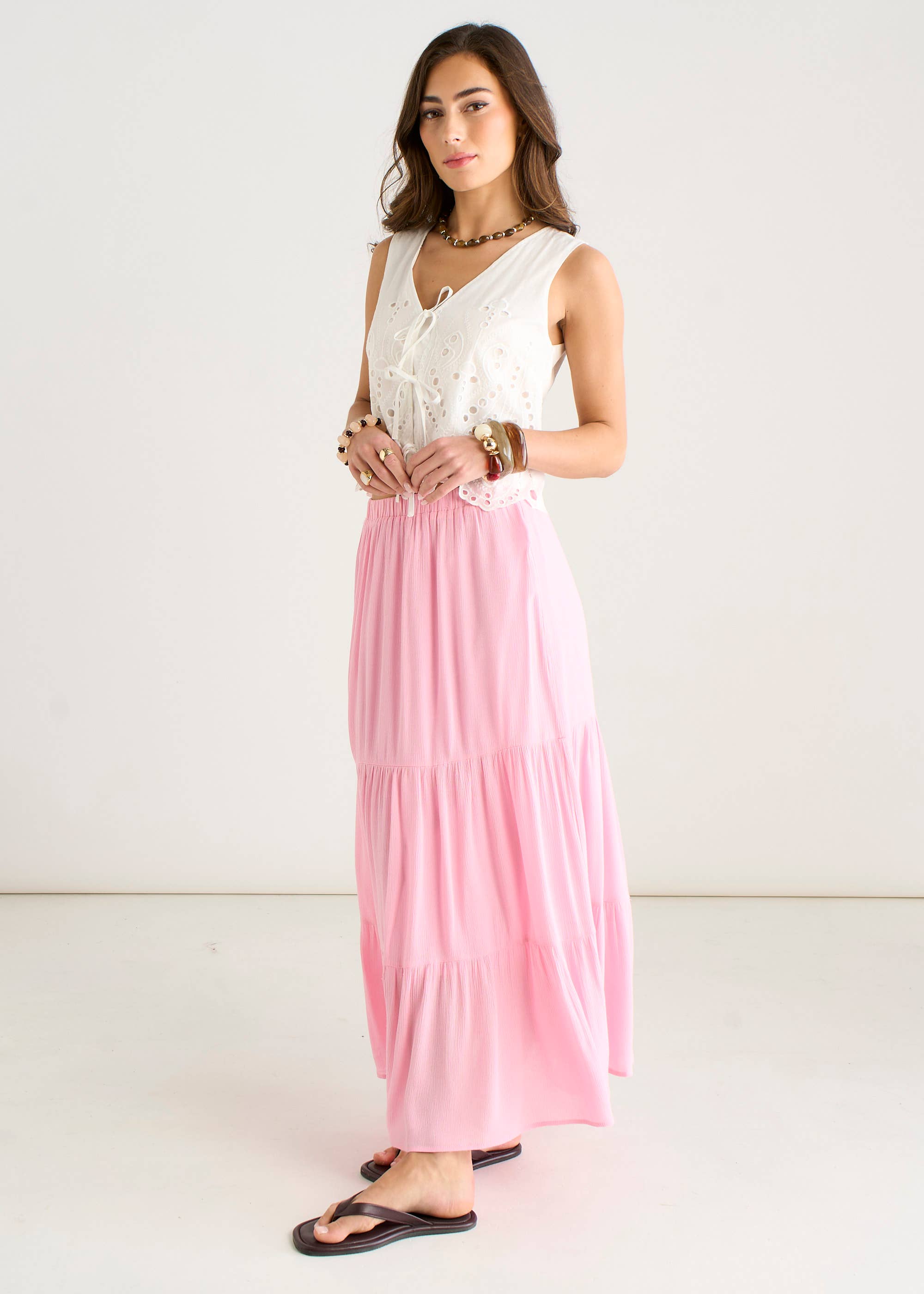 Pink Viscose Tiered Skater Maxi Skirt