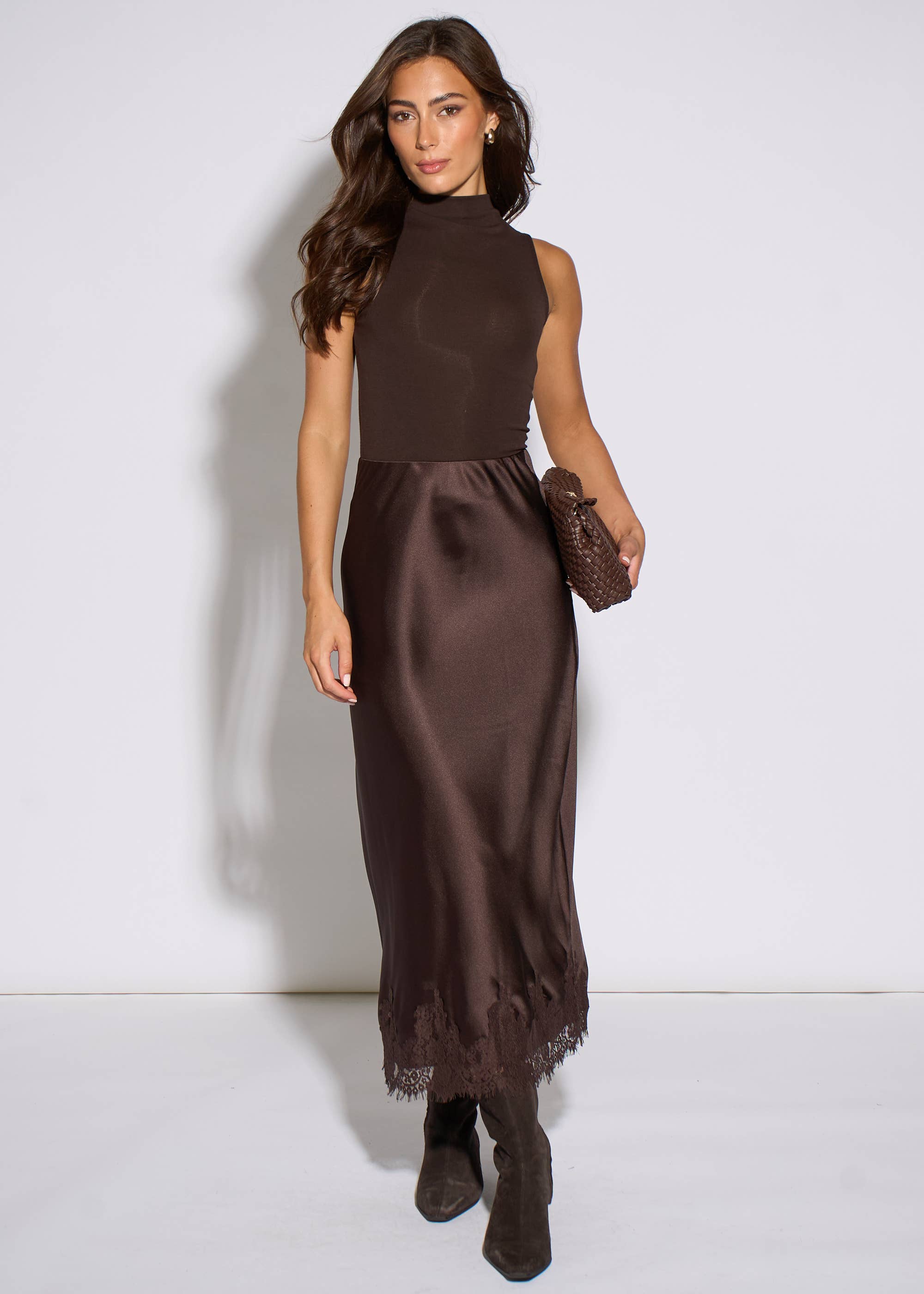 Brown Contrast Lace Trim Satin Bias Skirt