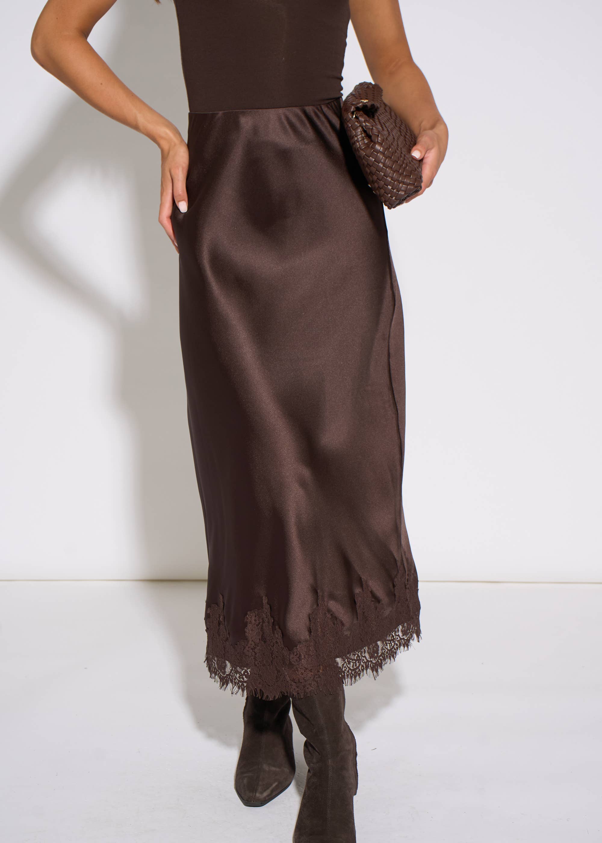Brown Contrast Lace Trim Satin Bias Skirt