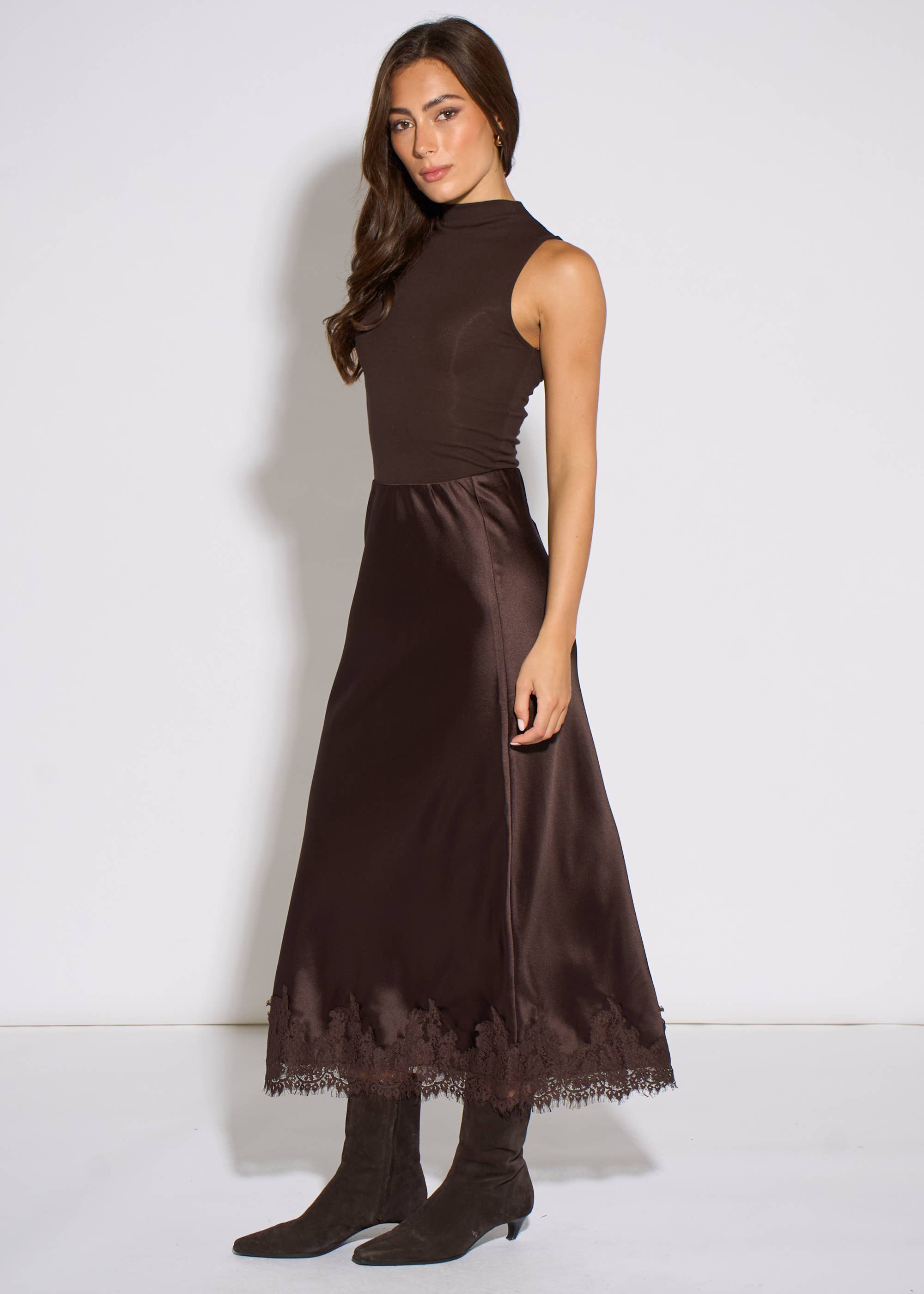 Brown Contrast Lace Trim Satin Bias Skirt
