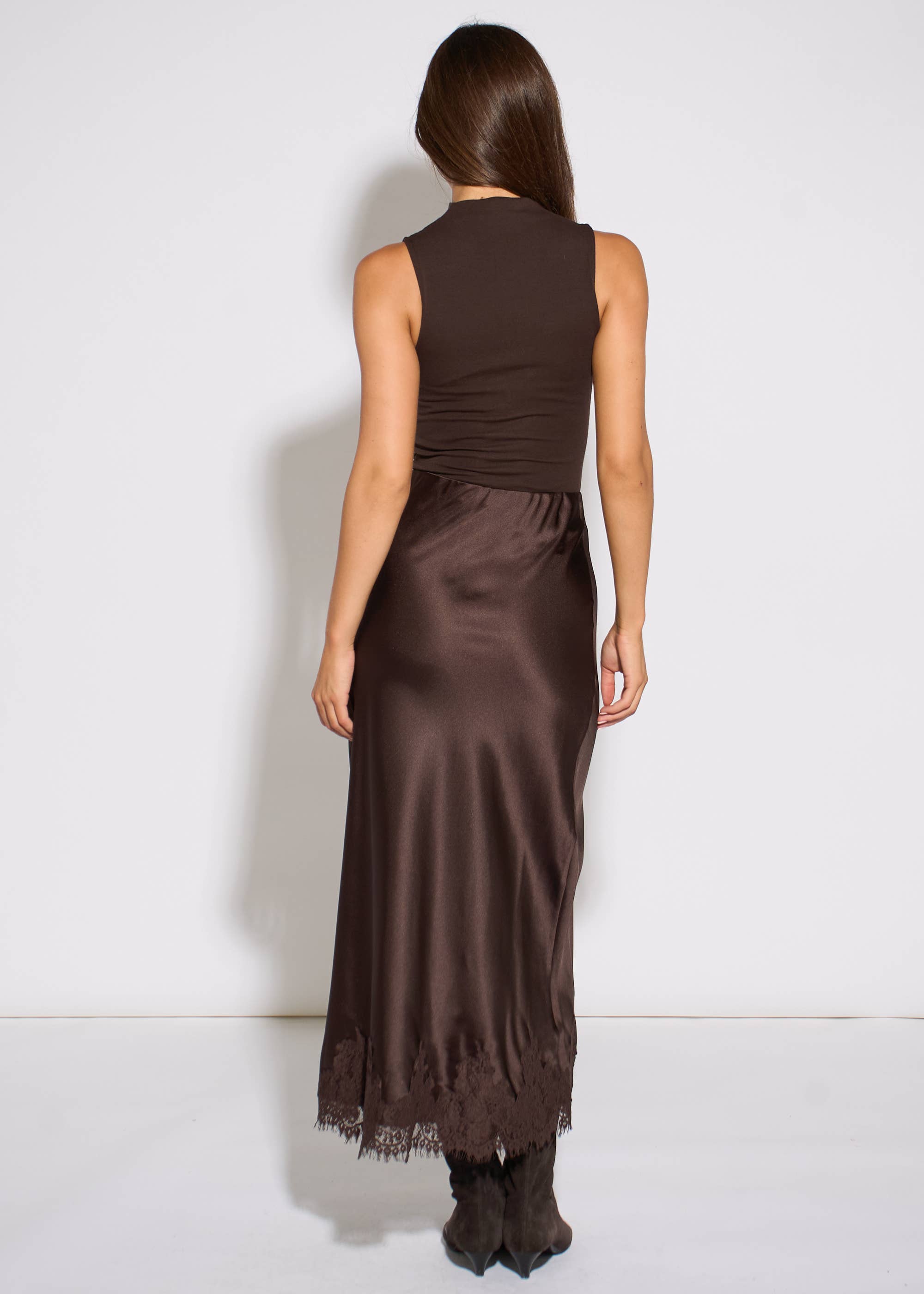 Brown Contrast Lace Trim Satin Bias Skirt