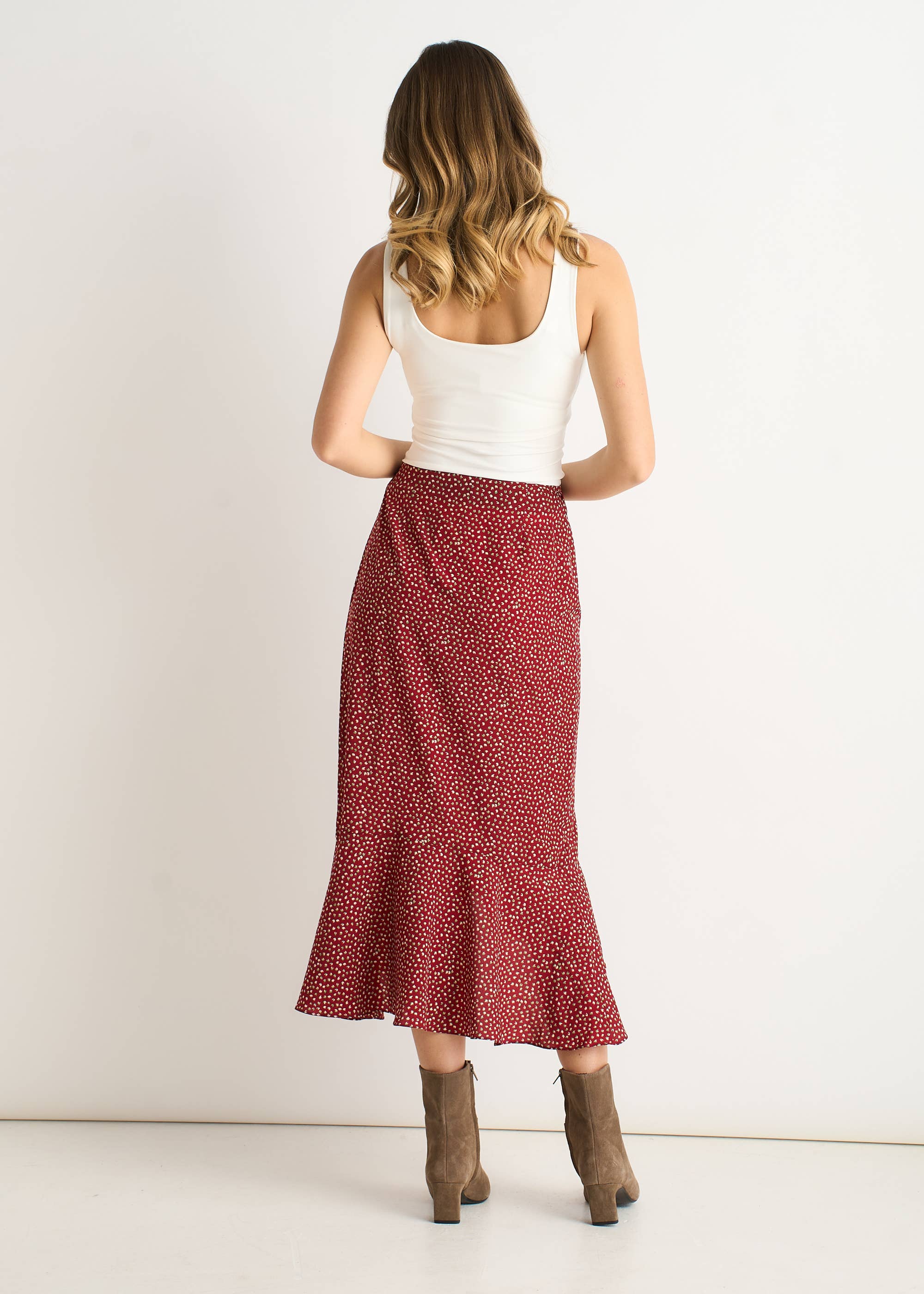 Red Polka Dot Ruffle Midi Skirt