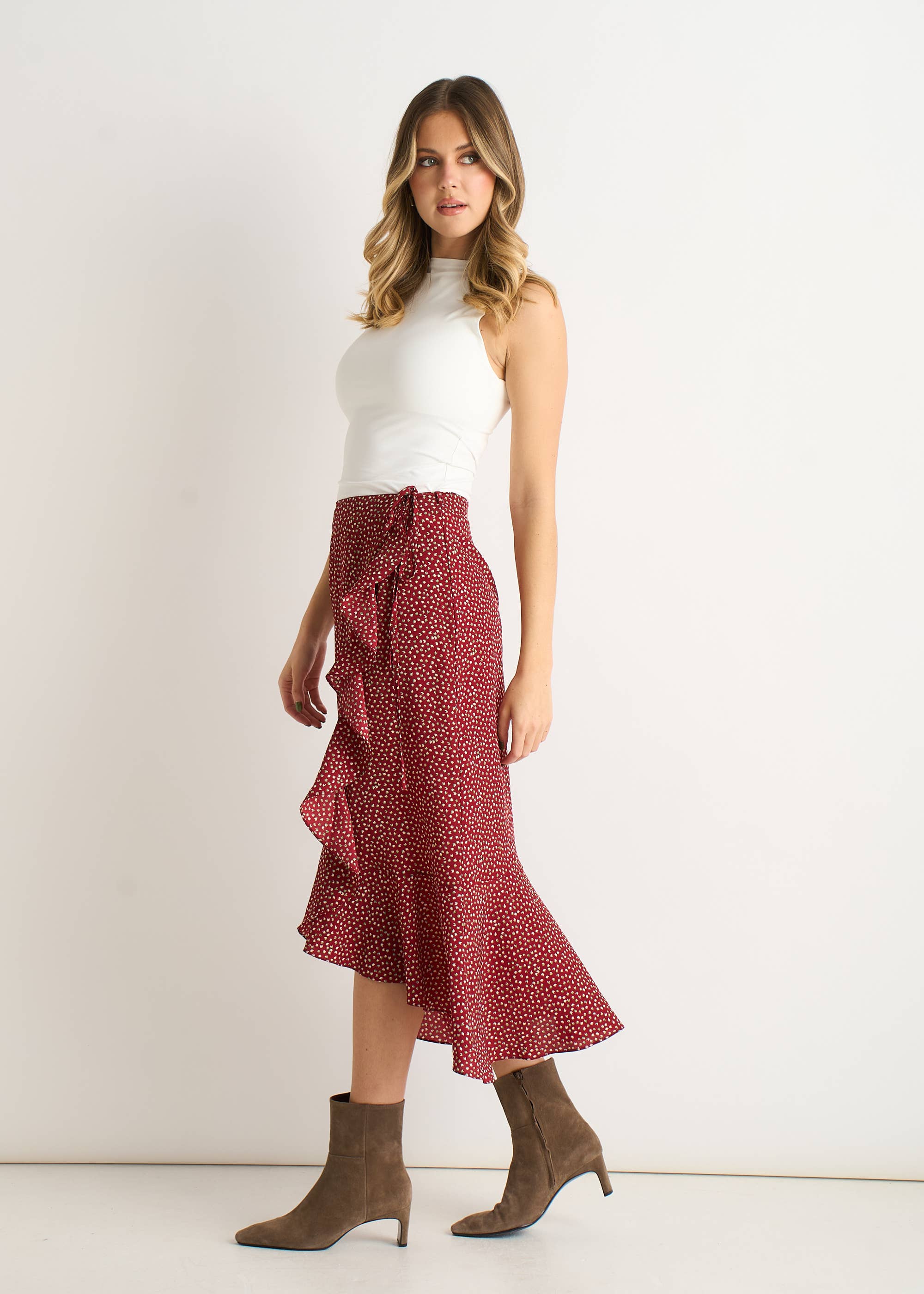 Red Polka Dot Ruffle Midi Skirt