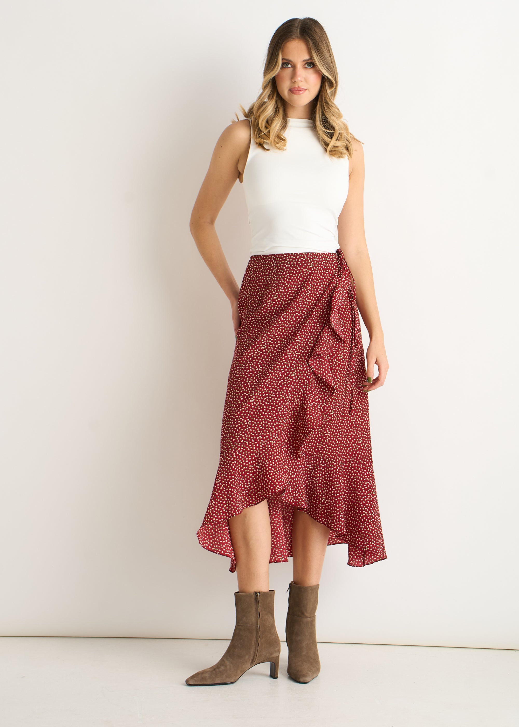 Polka Dot Ruffle Midi Skirt