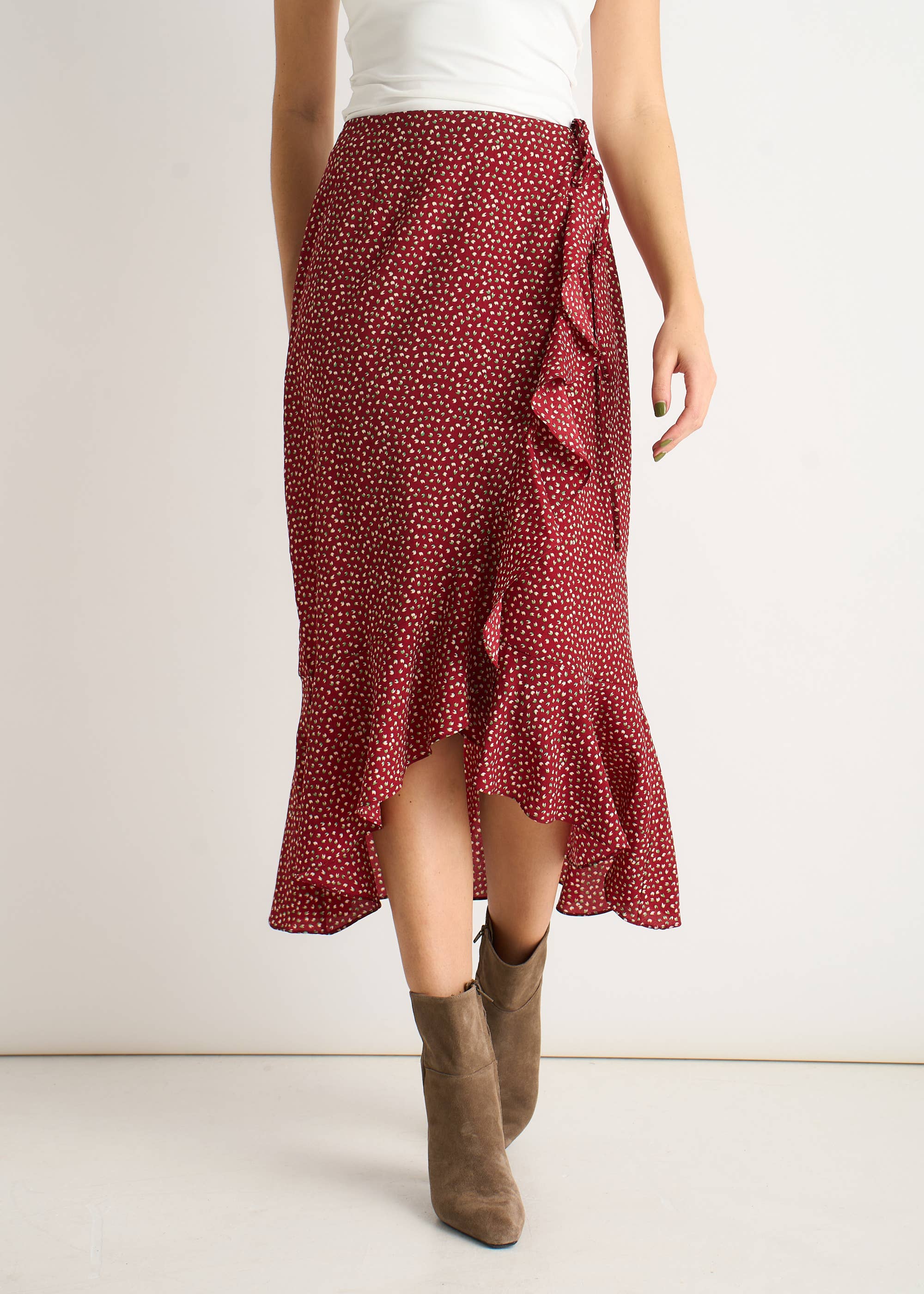 Red Polka Dot Ruffle Midi Skirt