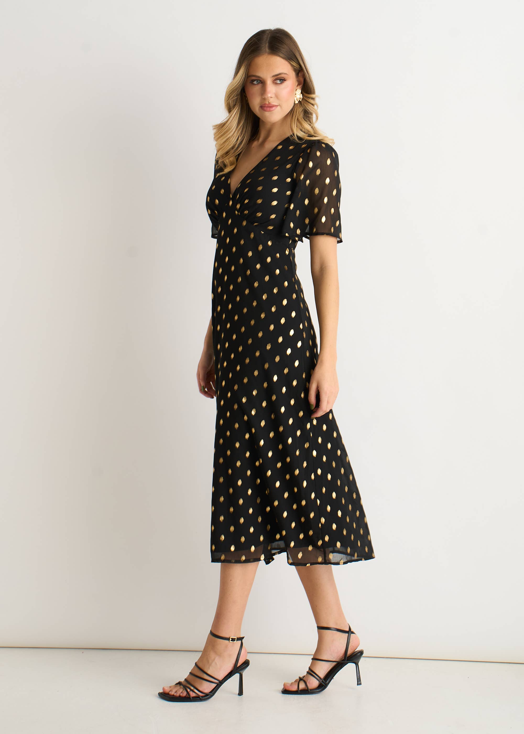 Black V Neck Foil Midi Skater Dress