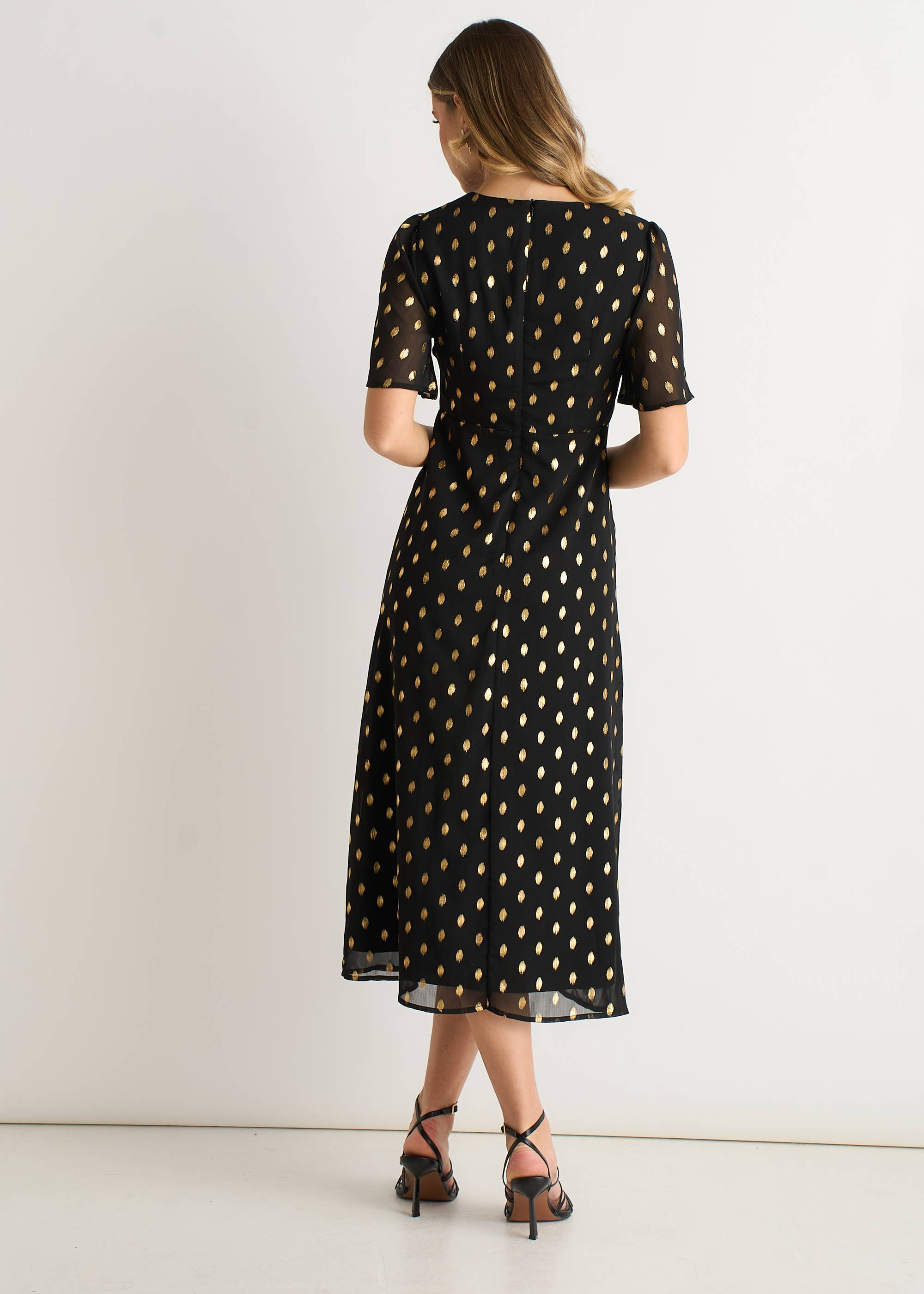 Black V Neck Foil Midi Skater Dress