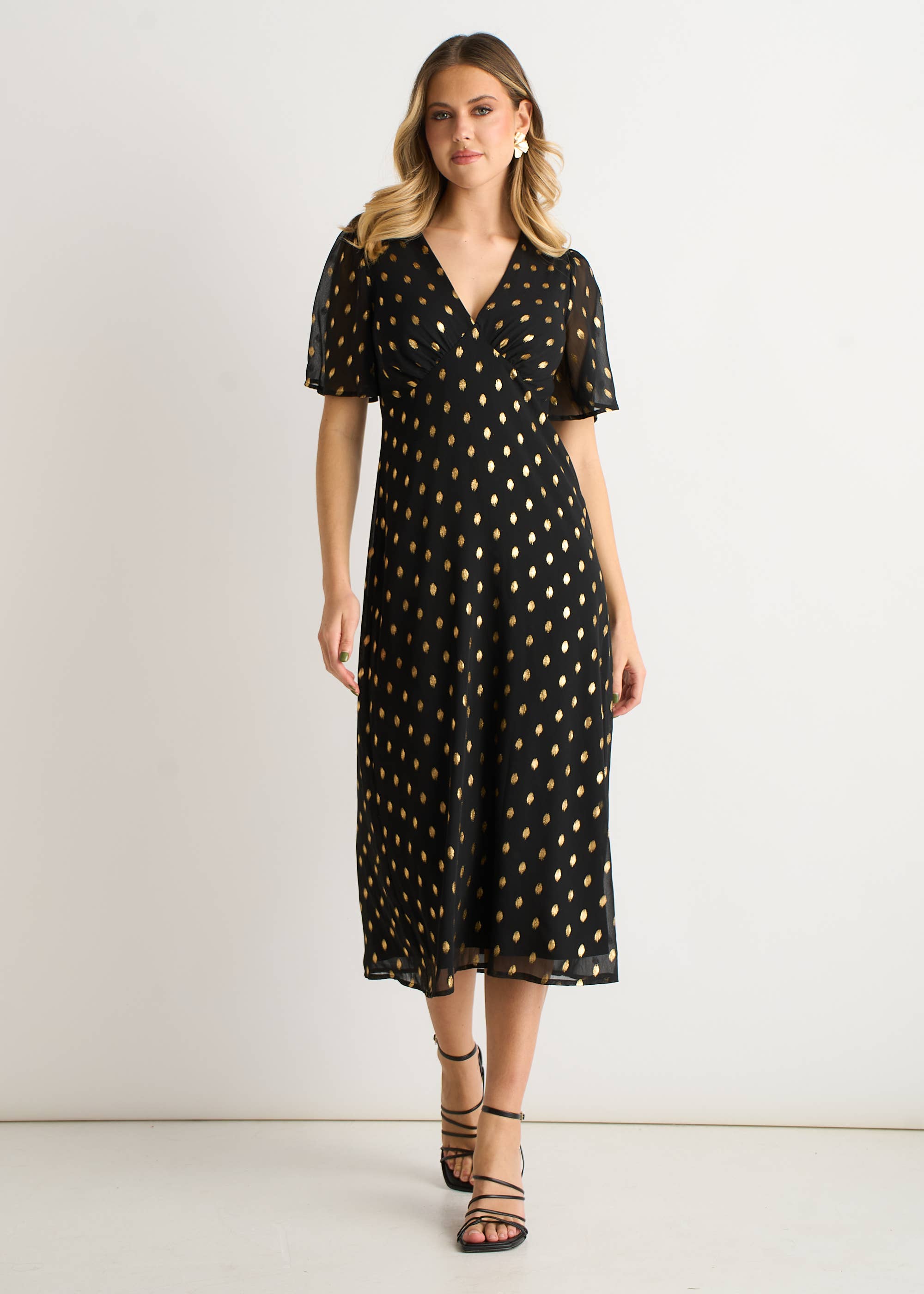 Black V Neck Foil Midi Skater Dress