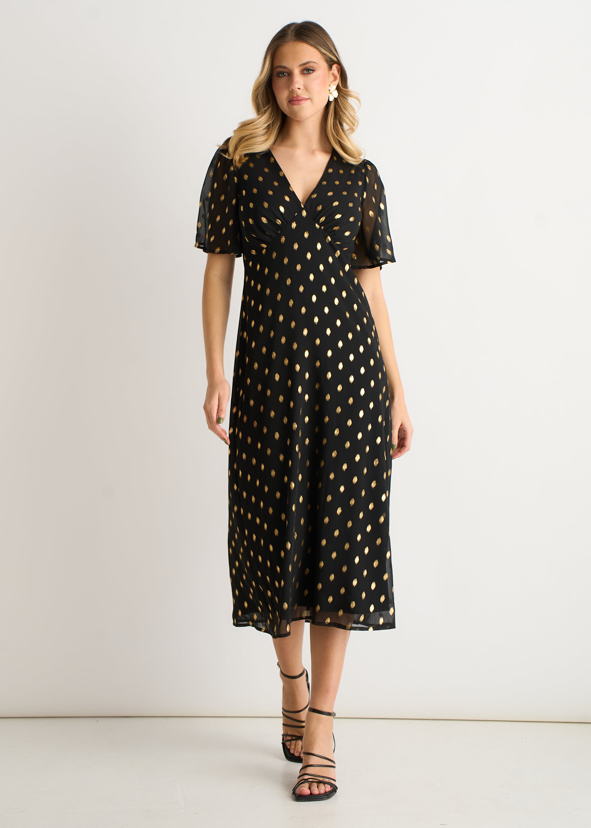 V Neck Foil Midi Skater Dress