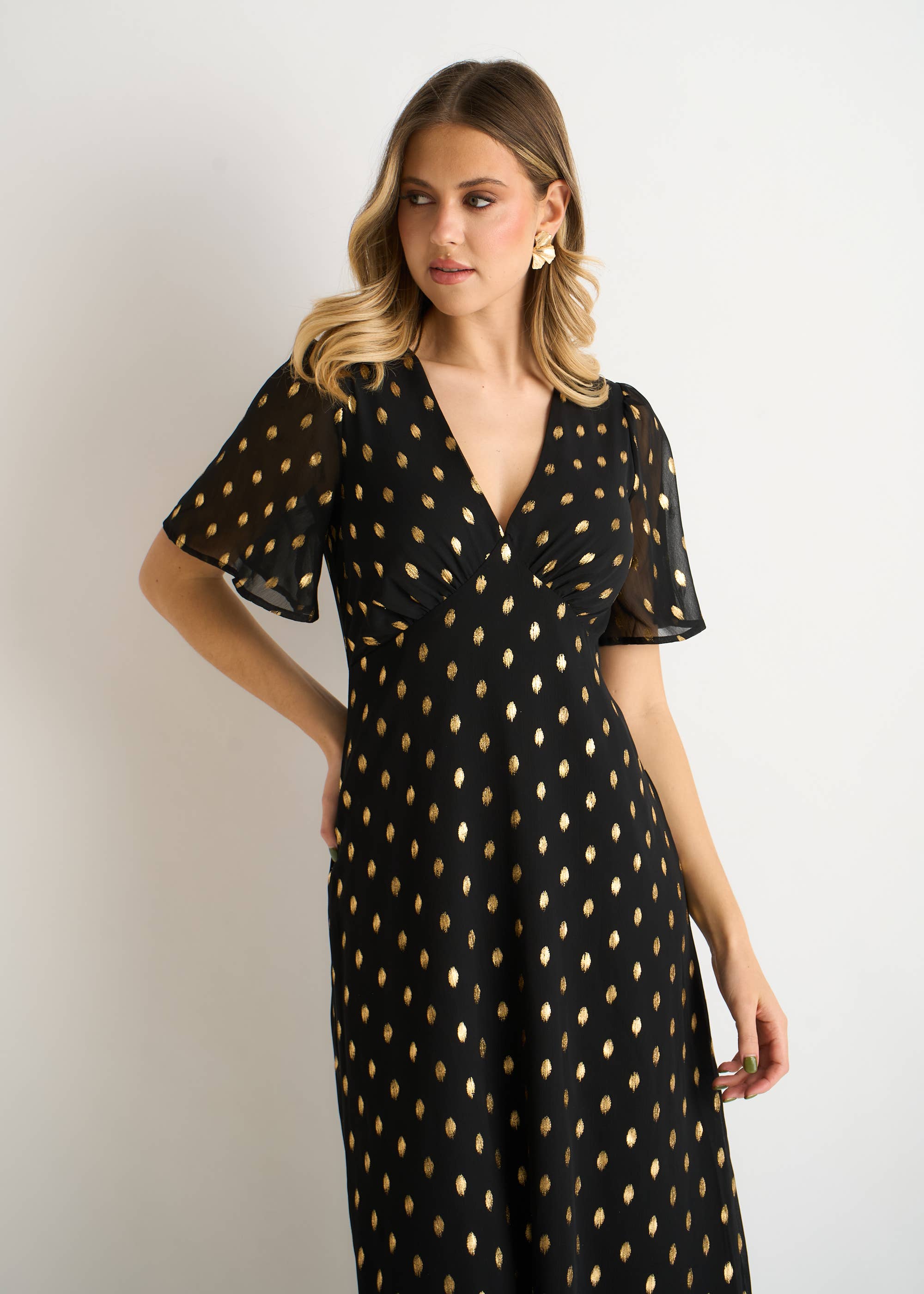 Black V Neck Foil Midi Skater Dress