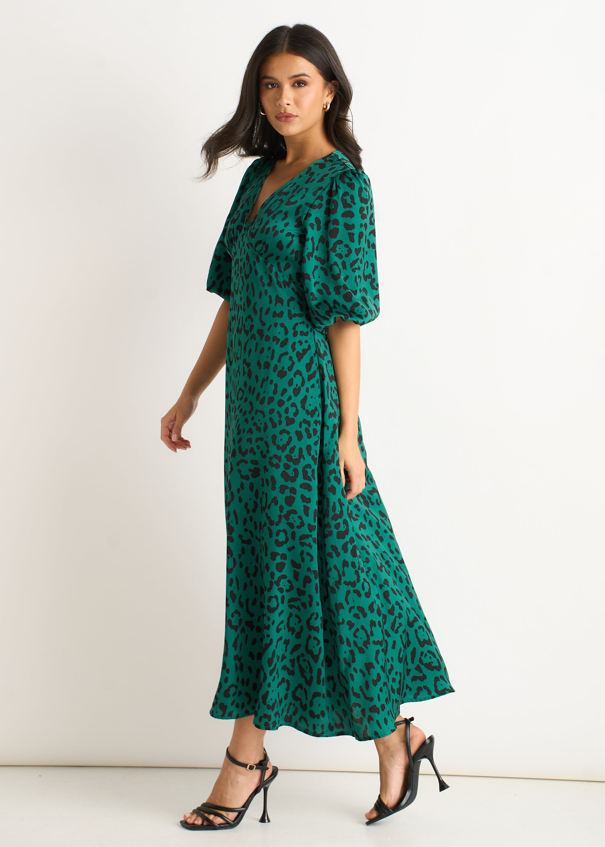 Green Animal Print Satin Midi Dress