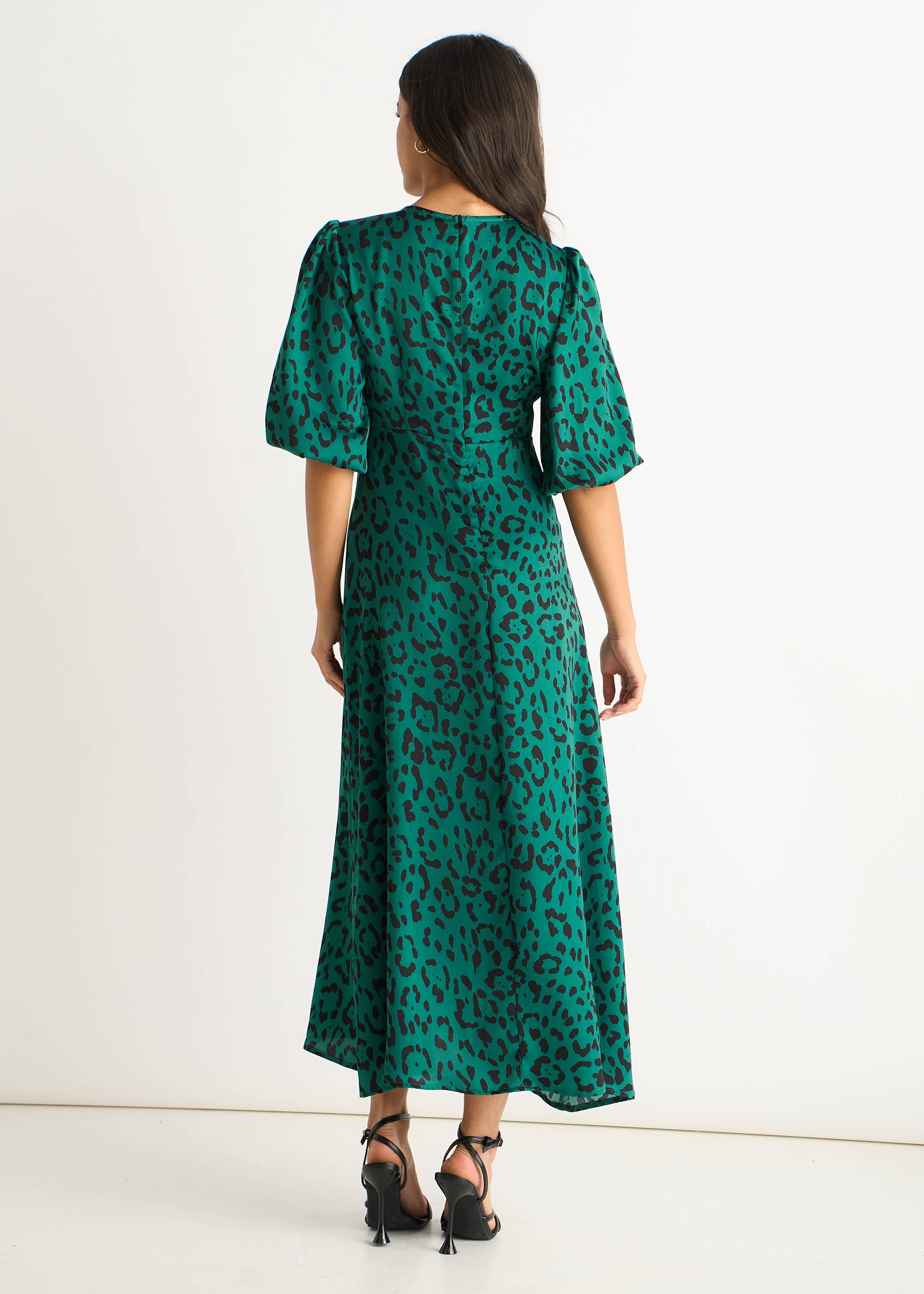 Green Animal Print Satin Midi Dress