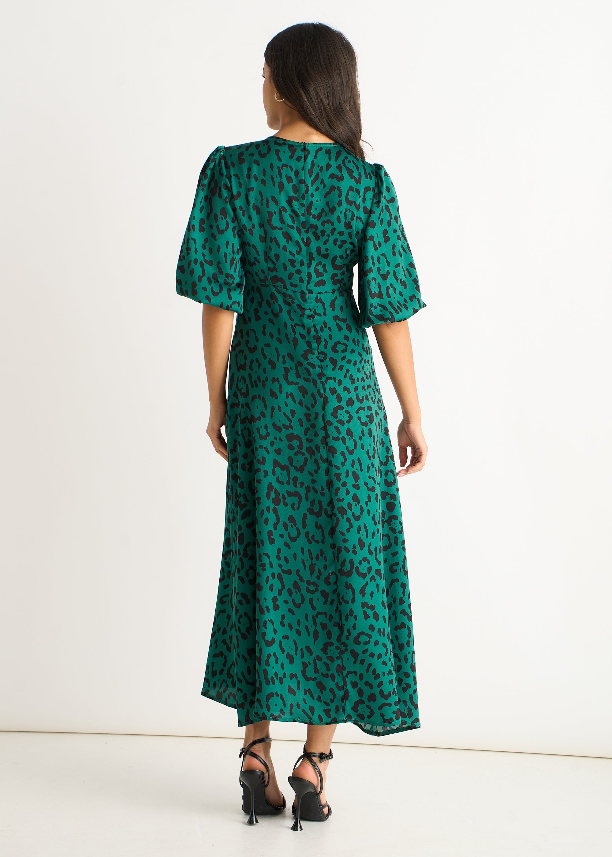Green Animal Print Satin Midi Dress