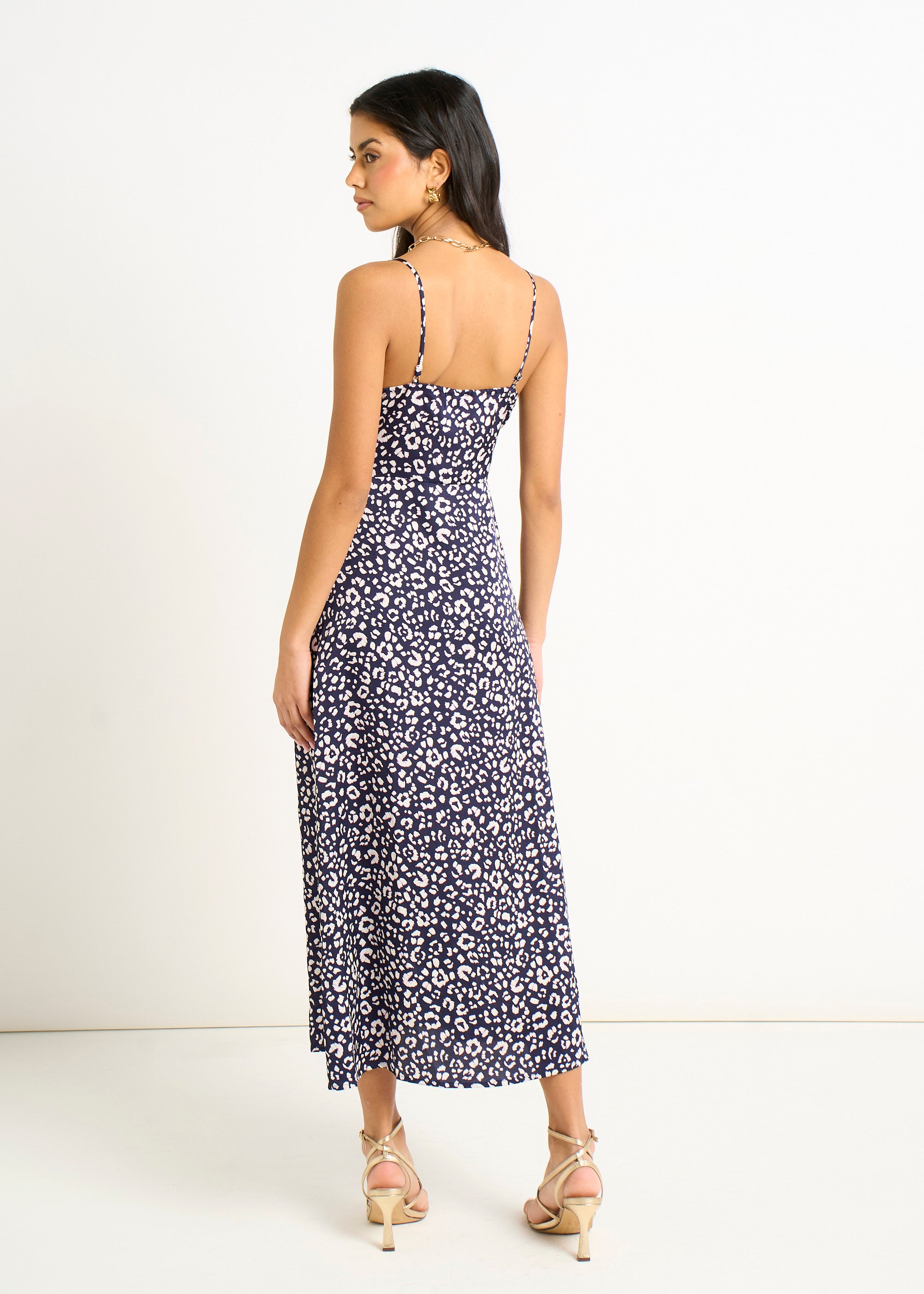 Navy Animal Print Cowl Midi Dress