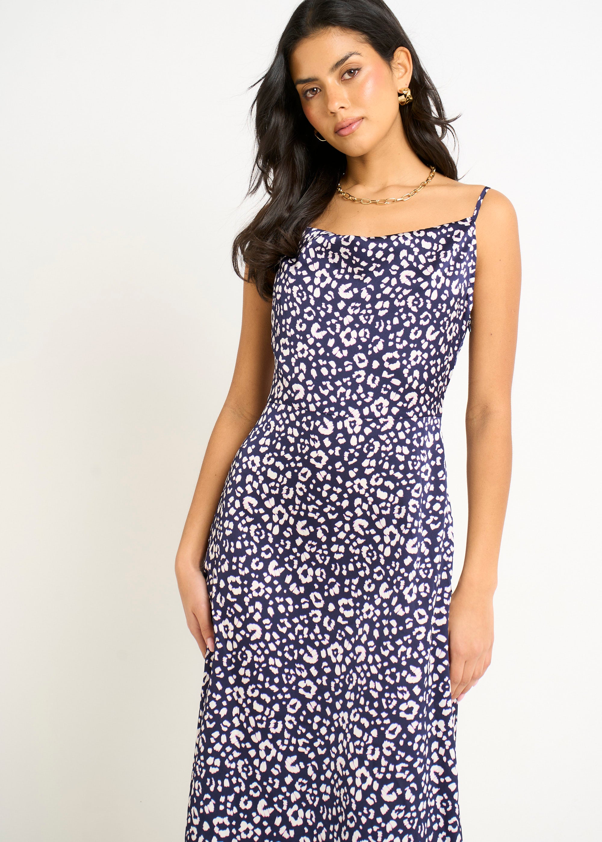 Navy Animal Print Cowl Midi Dress