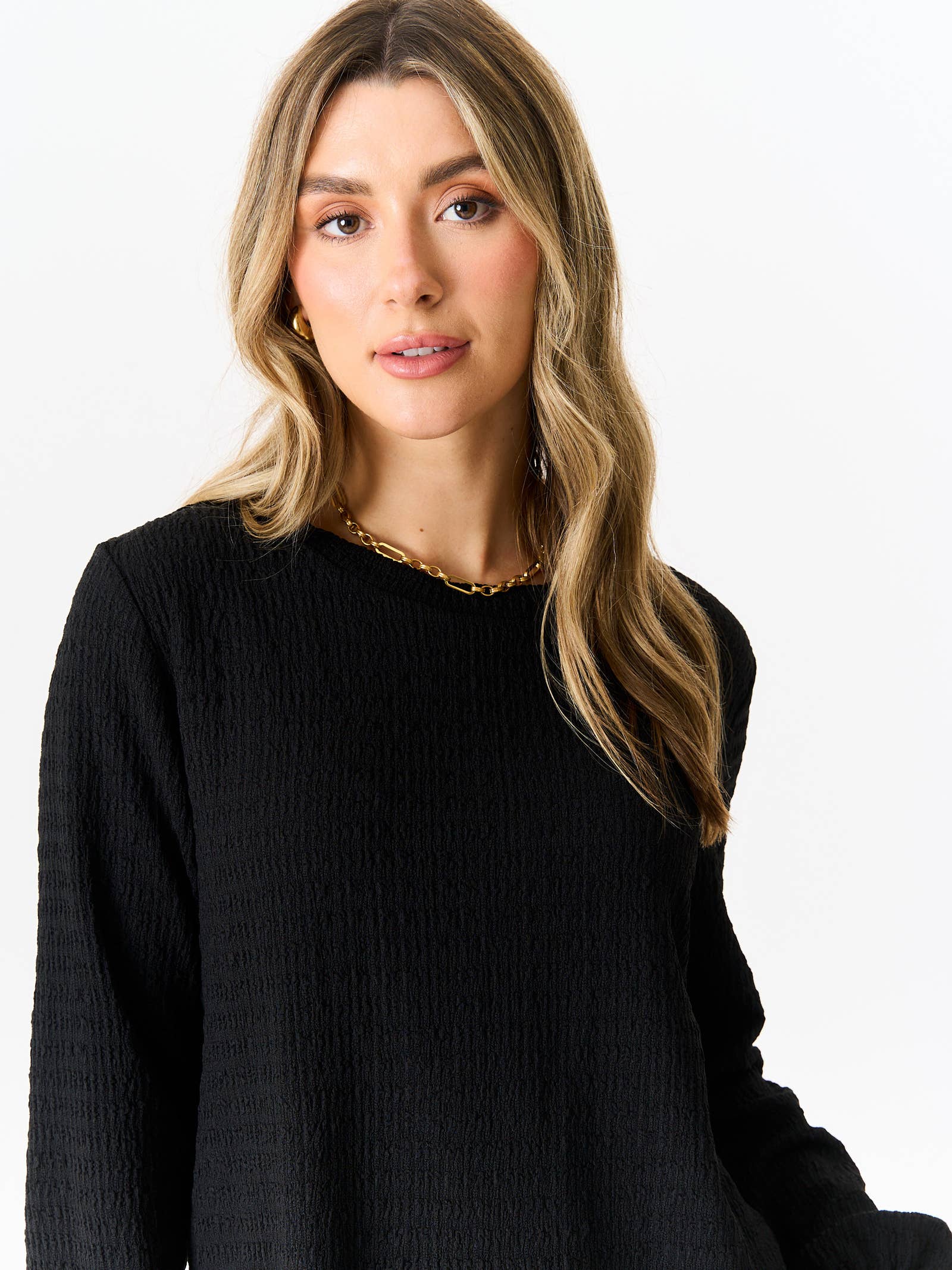 Black Textured Long Sleeves Oversized Top