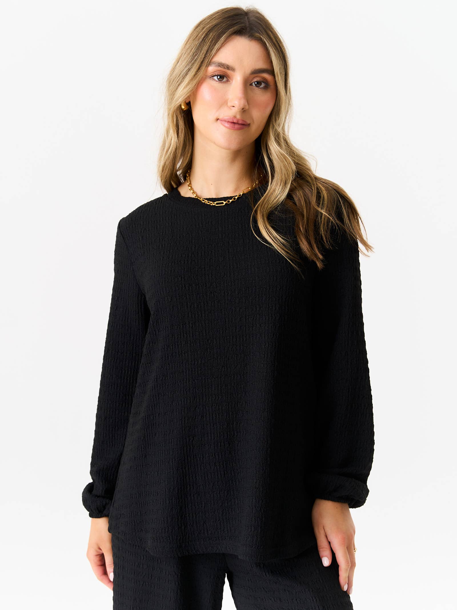 Black Textured Long Sleeves Oversized Top