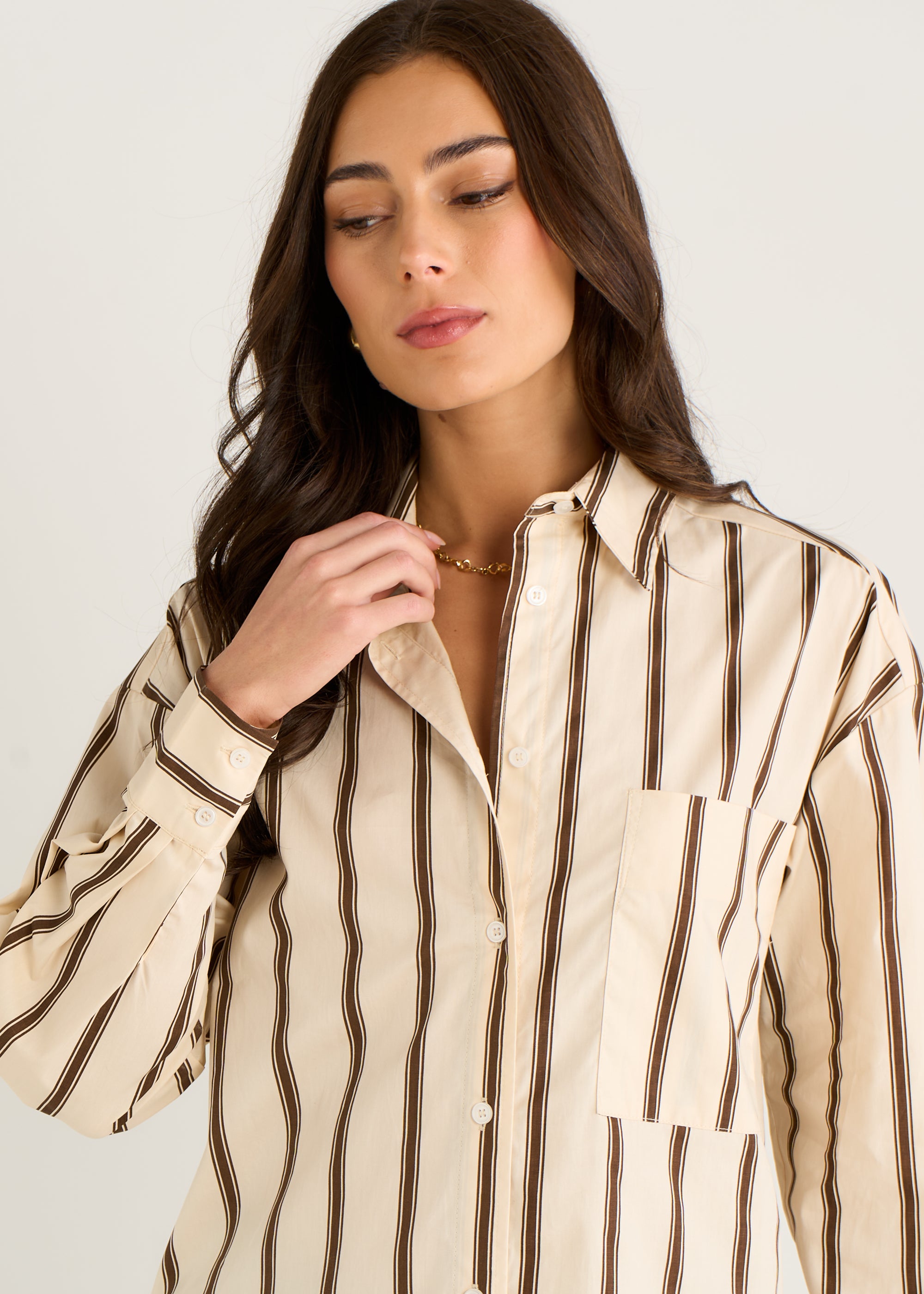 Cream Oversized Neutral Stripe Button-Down Shirt