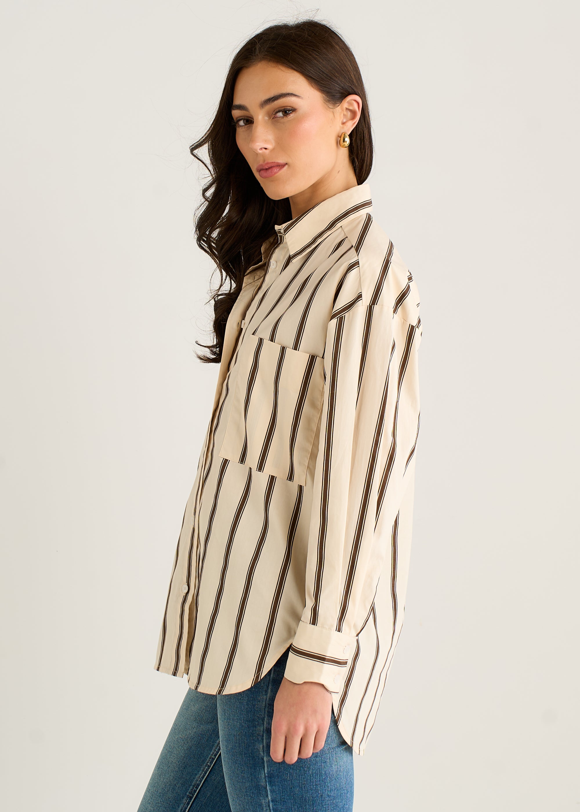 Cream Oversized Neutral Stripe Button-Down Shirt
