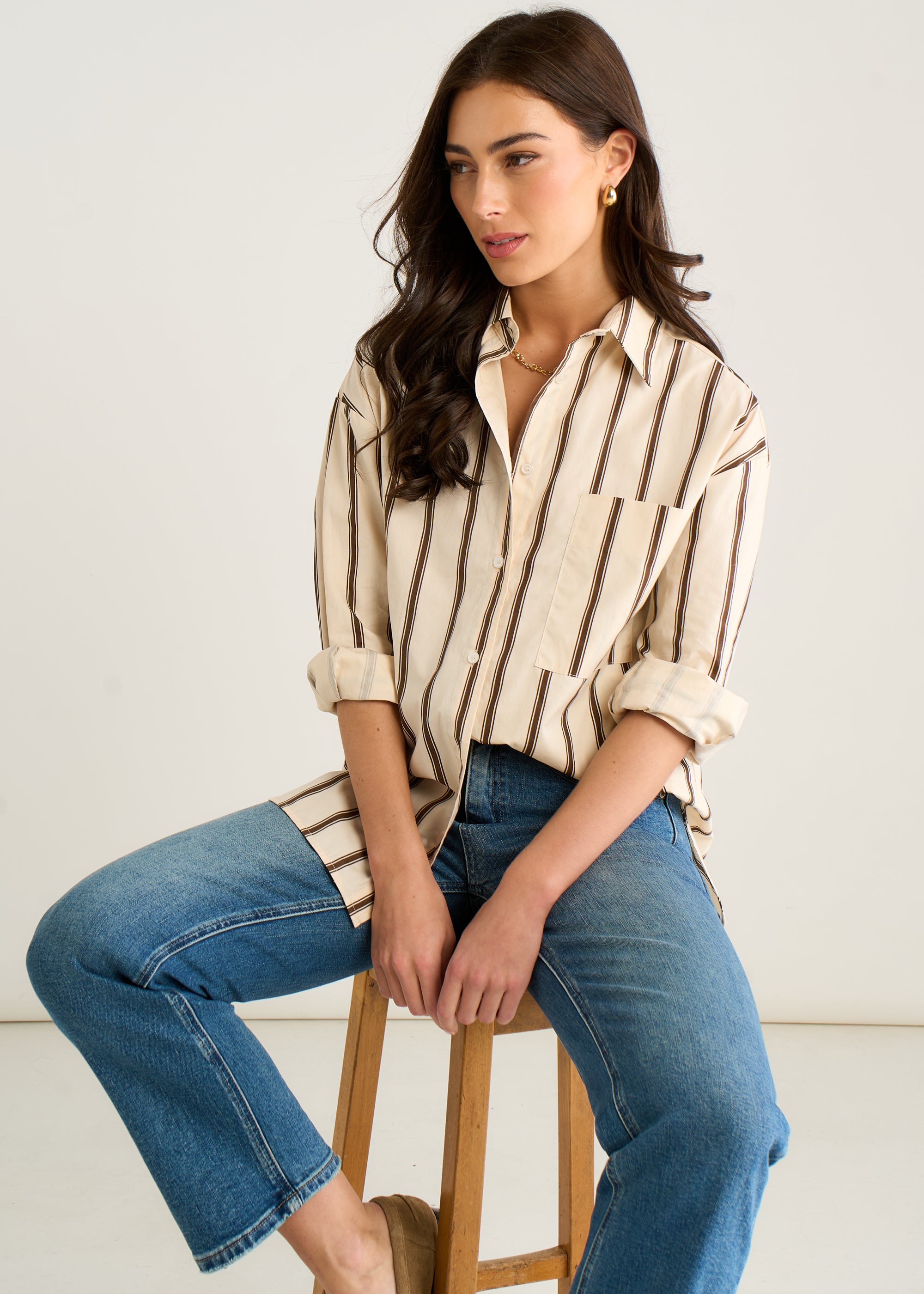 Cream Oversized Neutral Stripe Button-Down Shirt