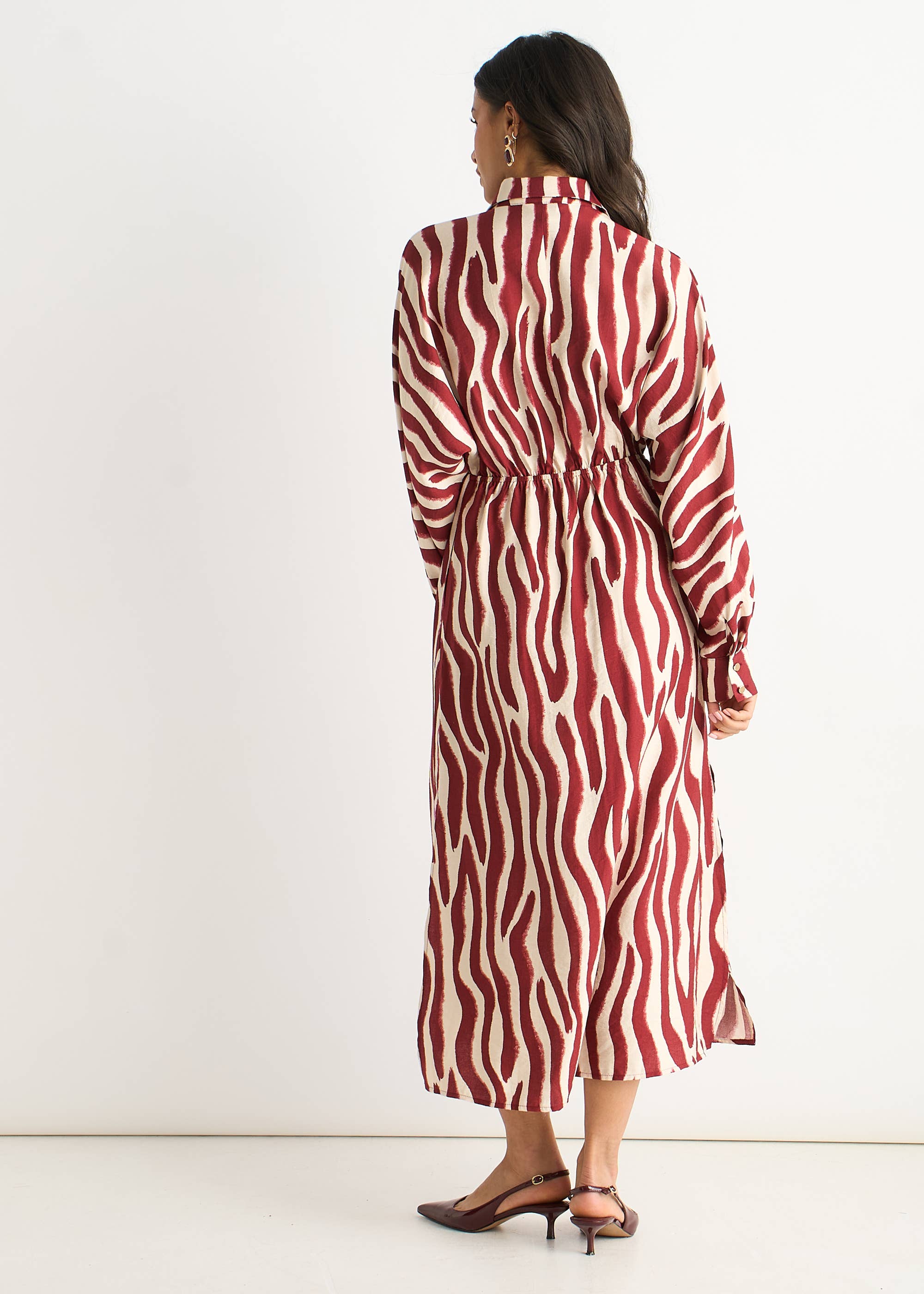 Burgundy Zebra Print Batwing Sleeve Shirt Dress