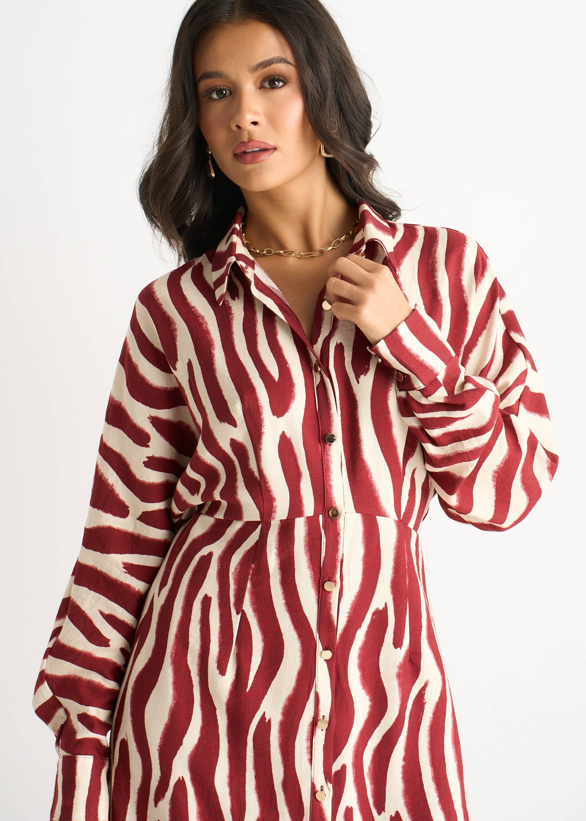 Burgundy Zebra Print Batwing Sleeve Shirt Dress