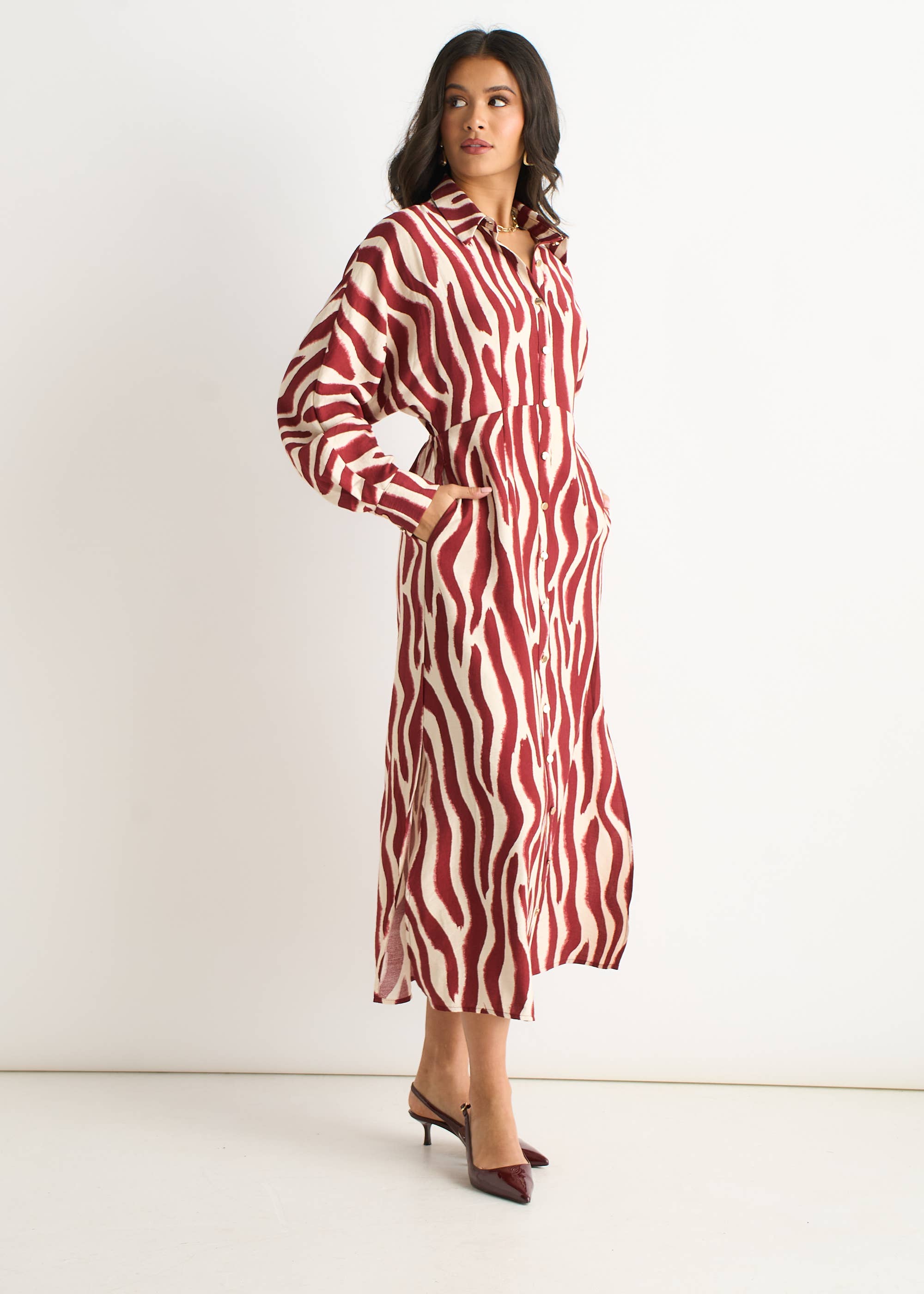 Burgundy Zebra Print Batwing Sleeve Shirt Dress
