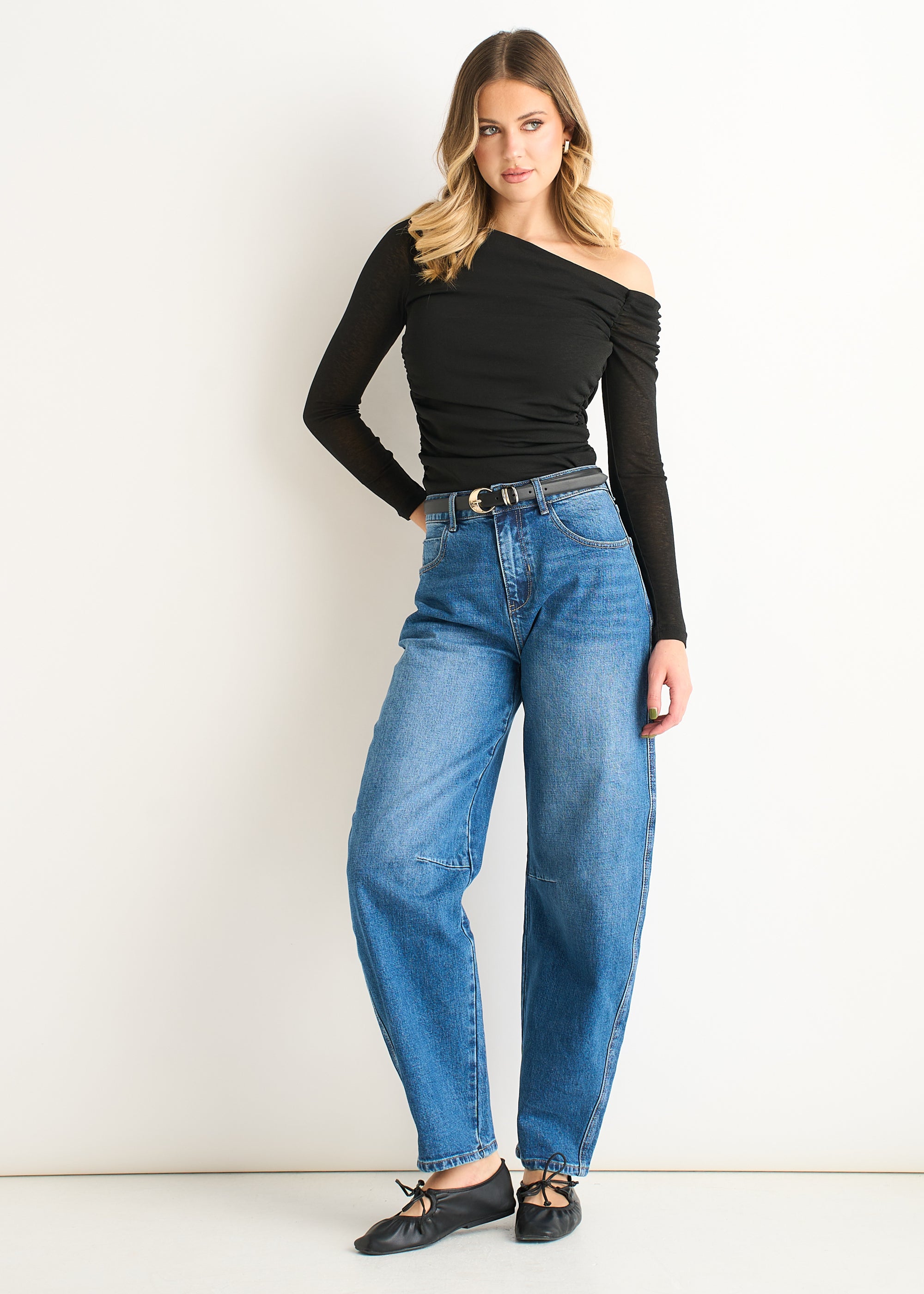 Black Jersey Slash Neck Long Sleeve Top