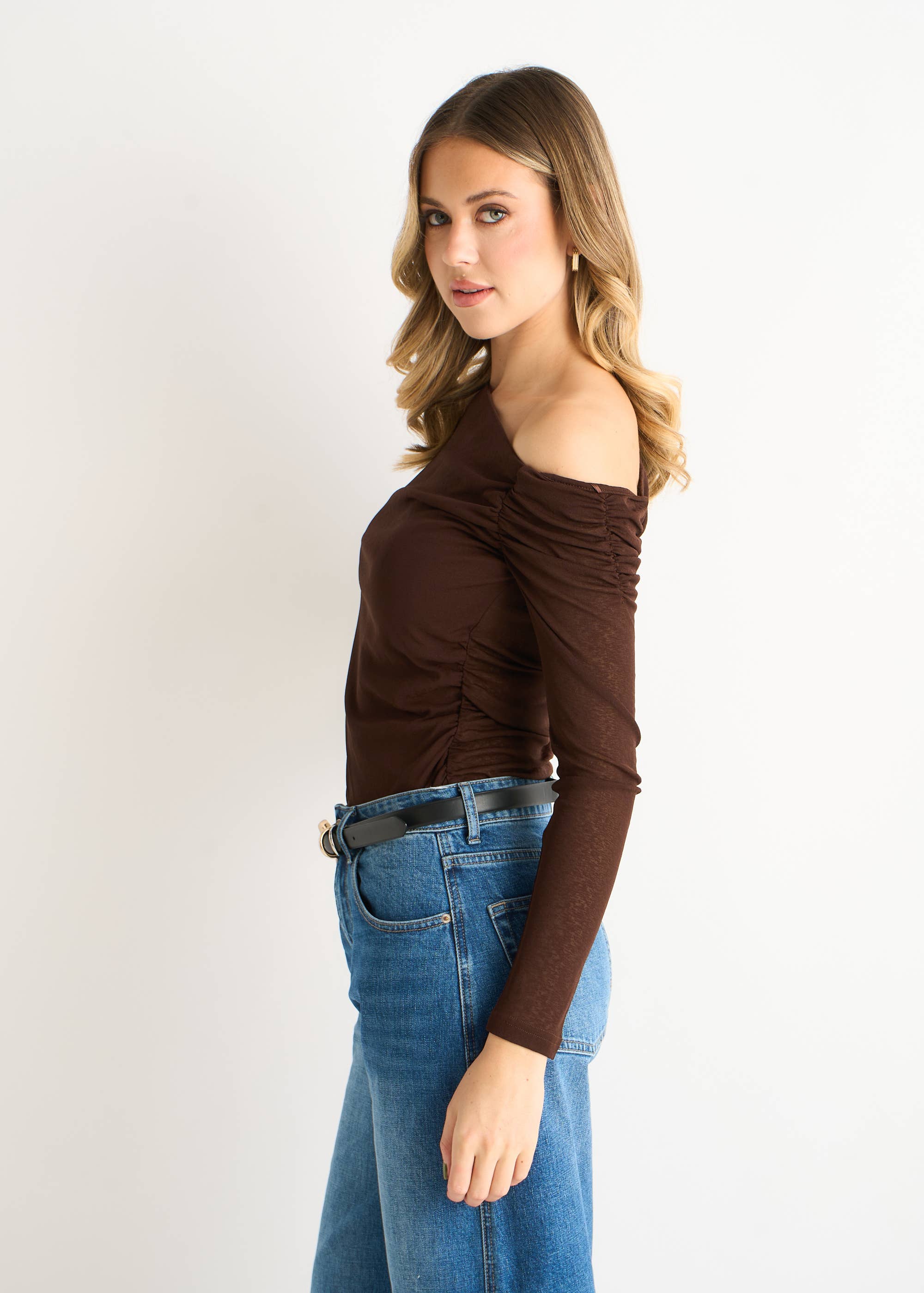 Chocolate Jersey Slash Neck Long Sleeve Top
