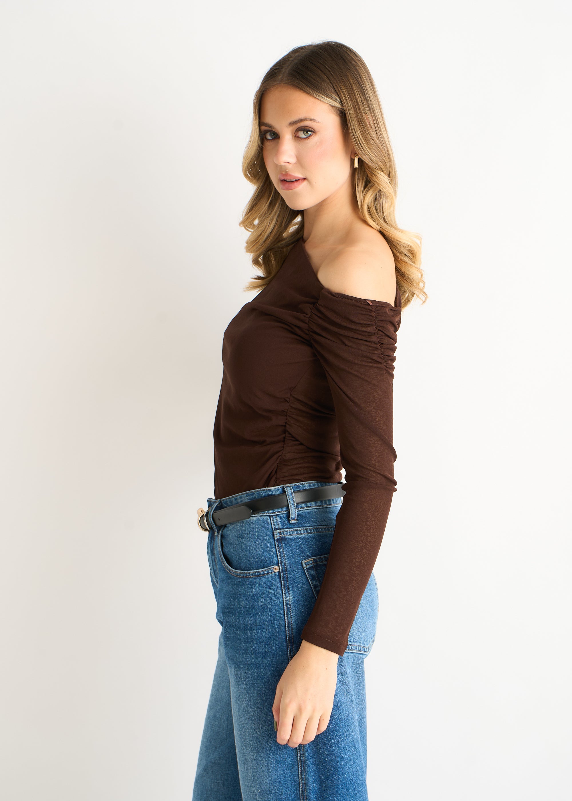 Chocolate Jersey Slash Neck Long Sleeve Top