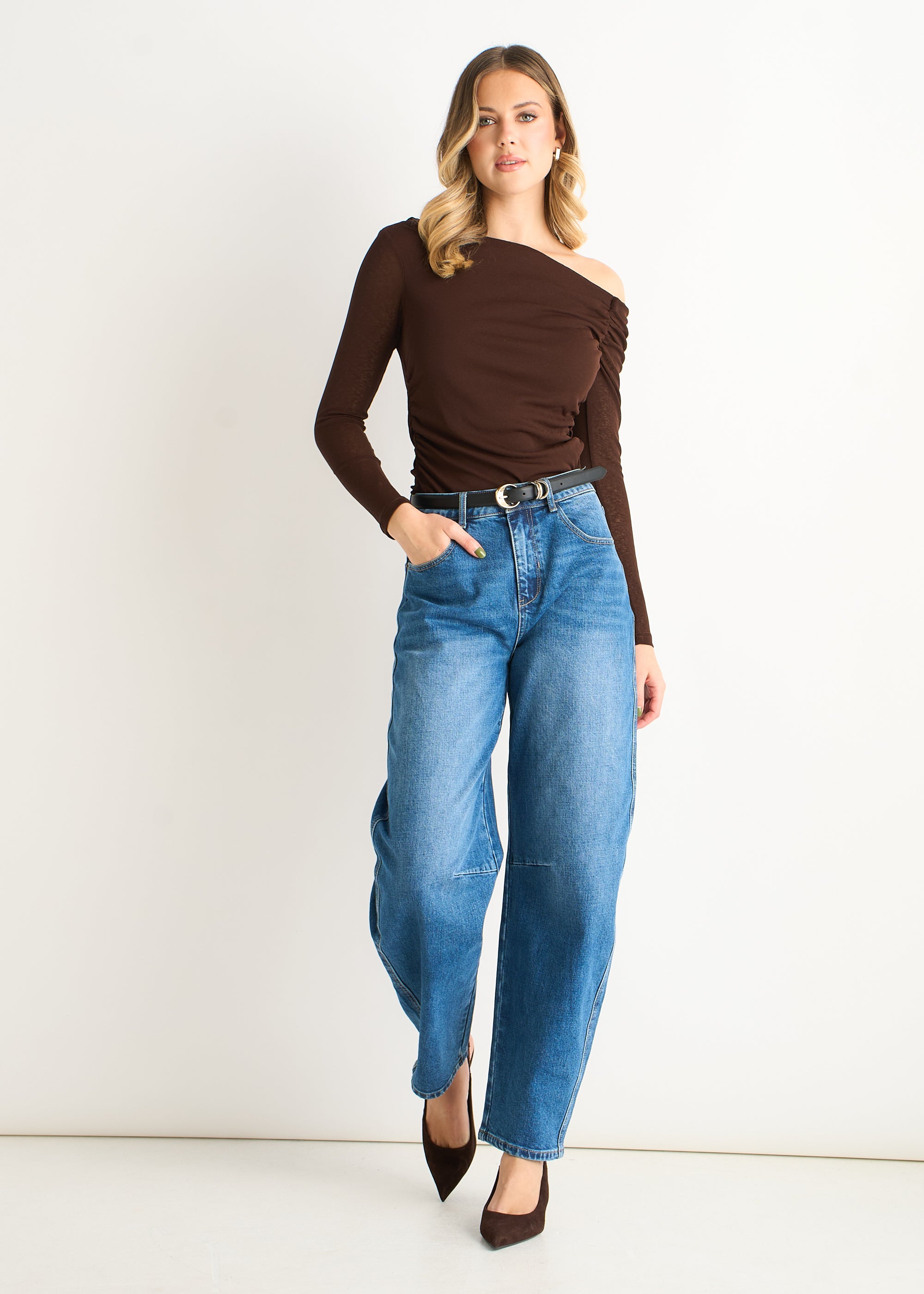 Chocolate Jersey Slash Neck Long Sleeve Top