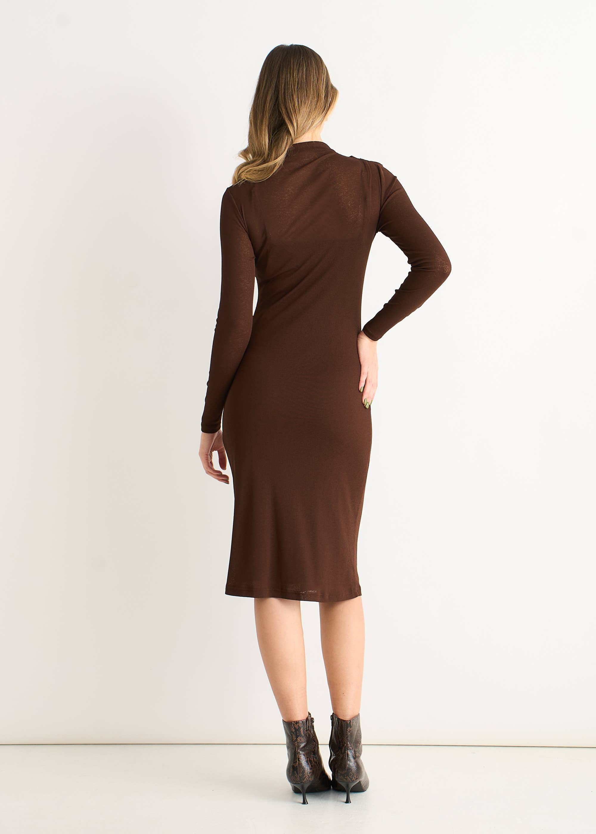Chocolate Ruched Jersey Long Sleeve Midi Dress