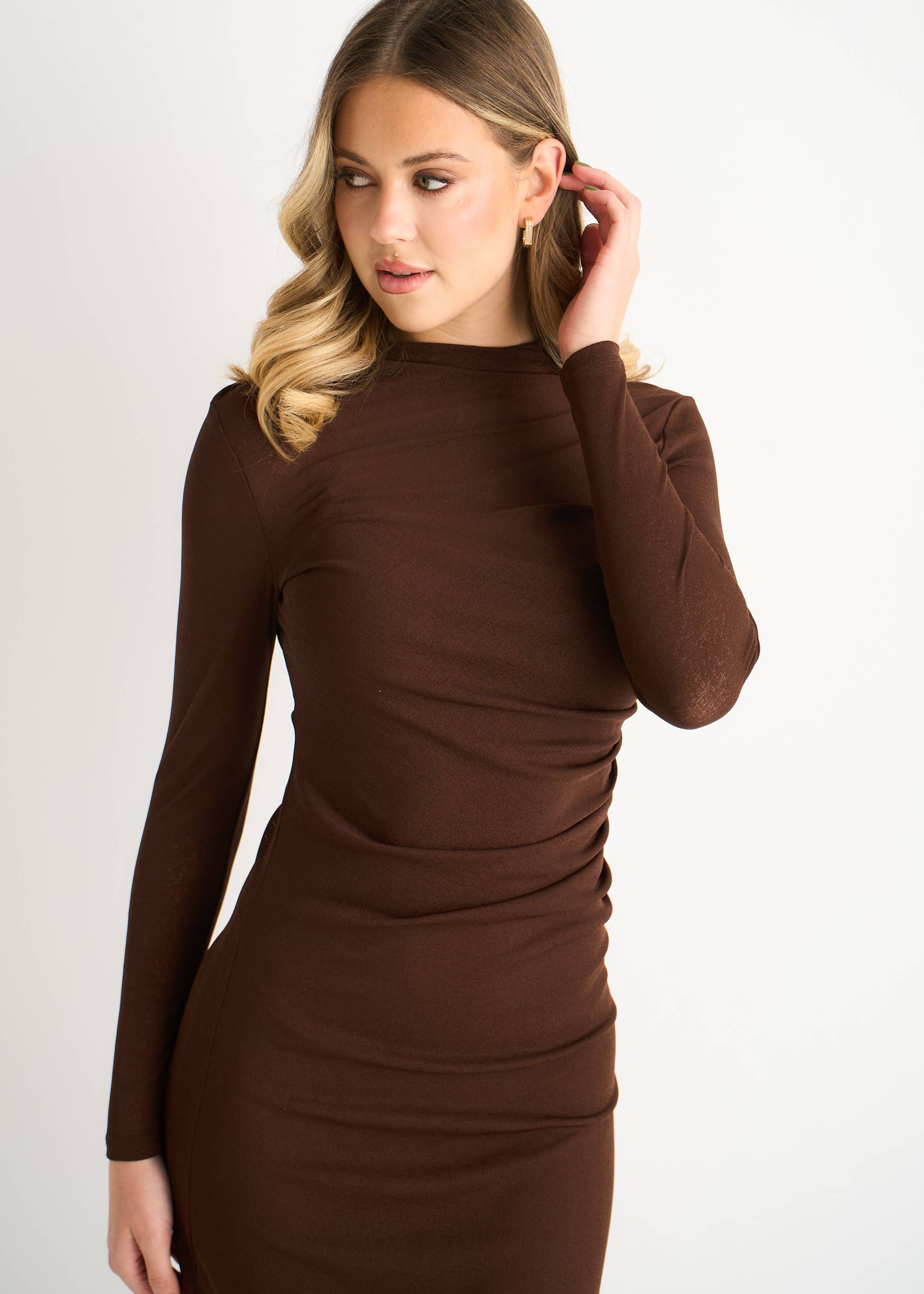 Chocolate Ruched Jersey Long Sleeve Midi Dress