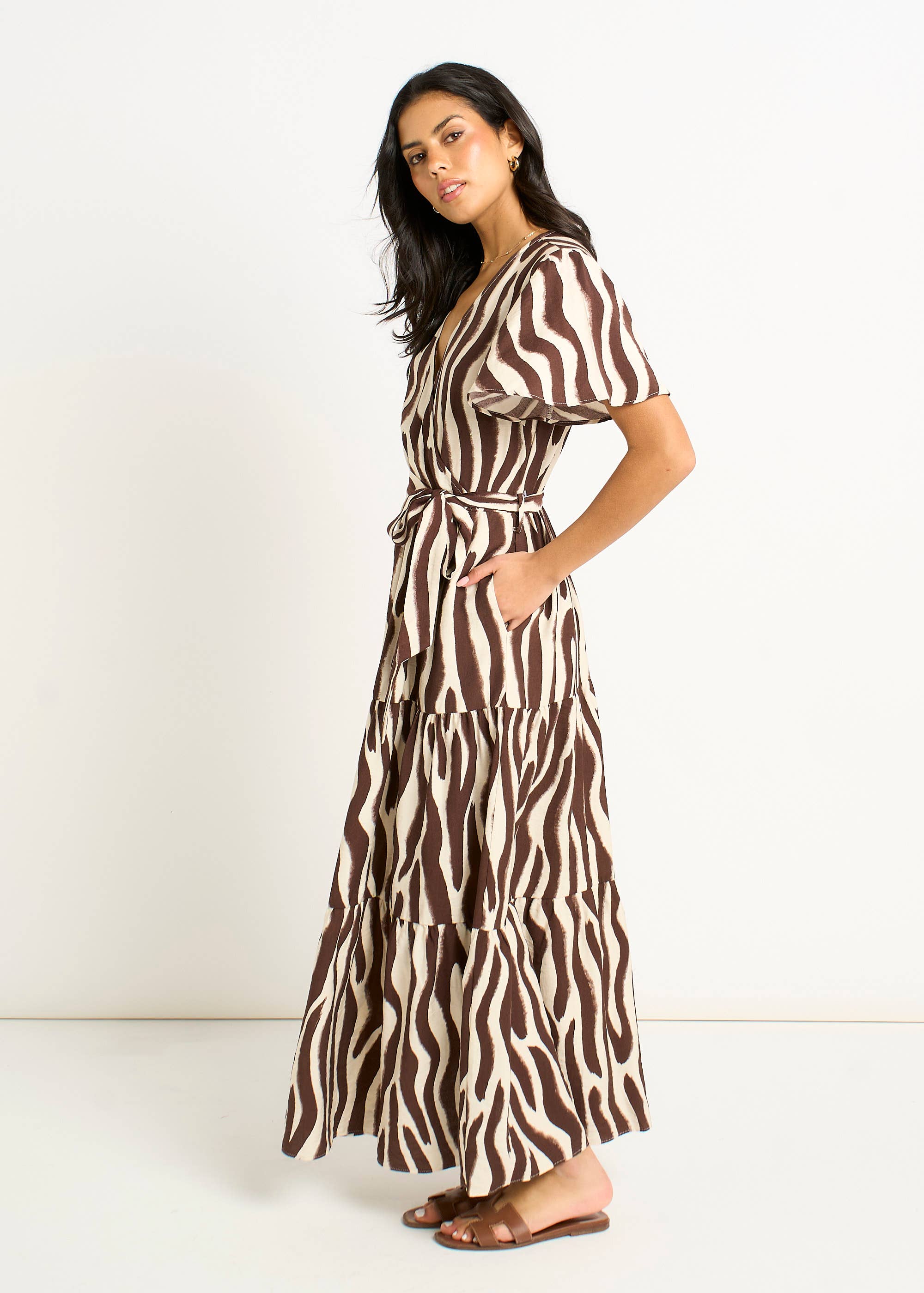 Chocolate Zebra Print Wrap Midi Dress