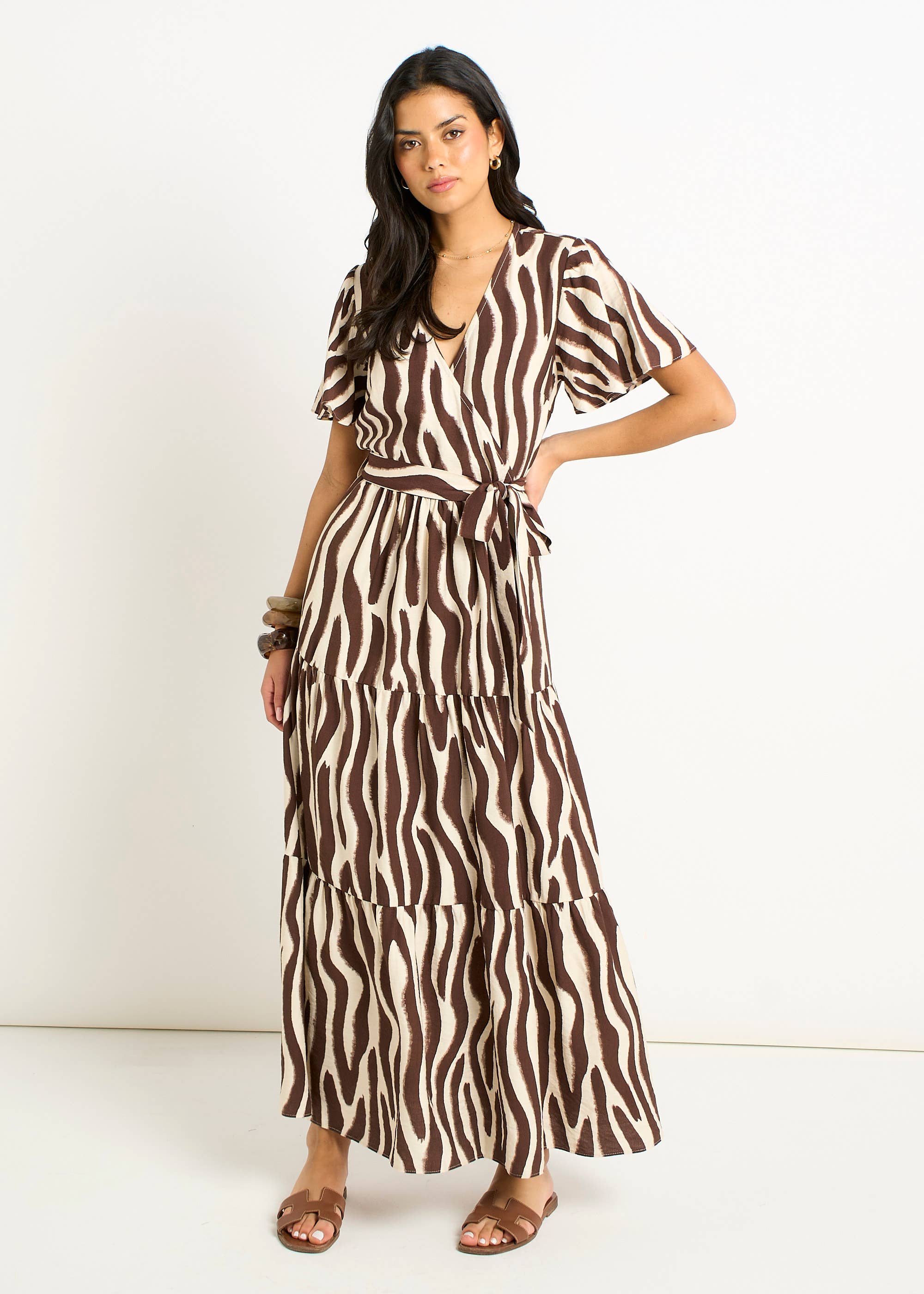 Chocolate Zebra Print Wrap Midi Dress
