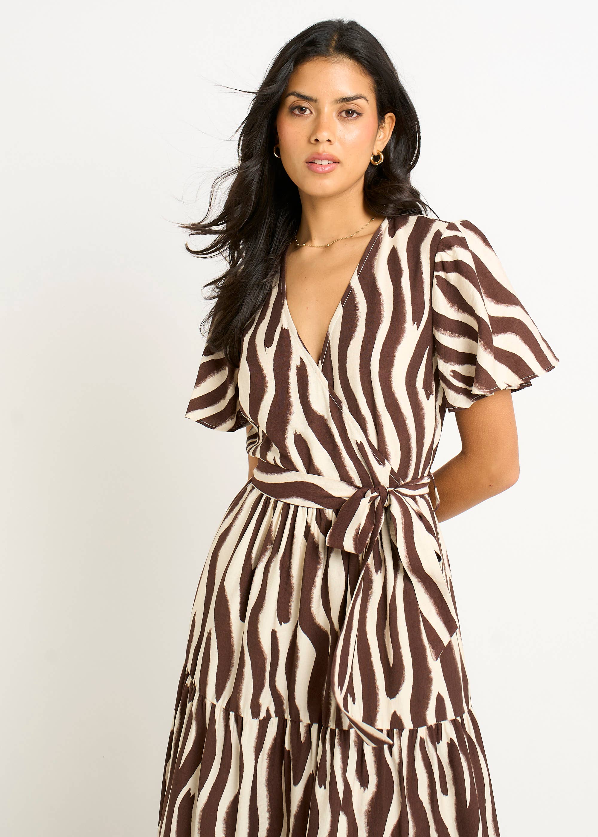 Chocolate Zebra Print Wrap Midi Dress