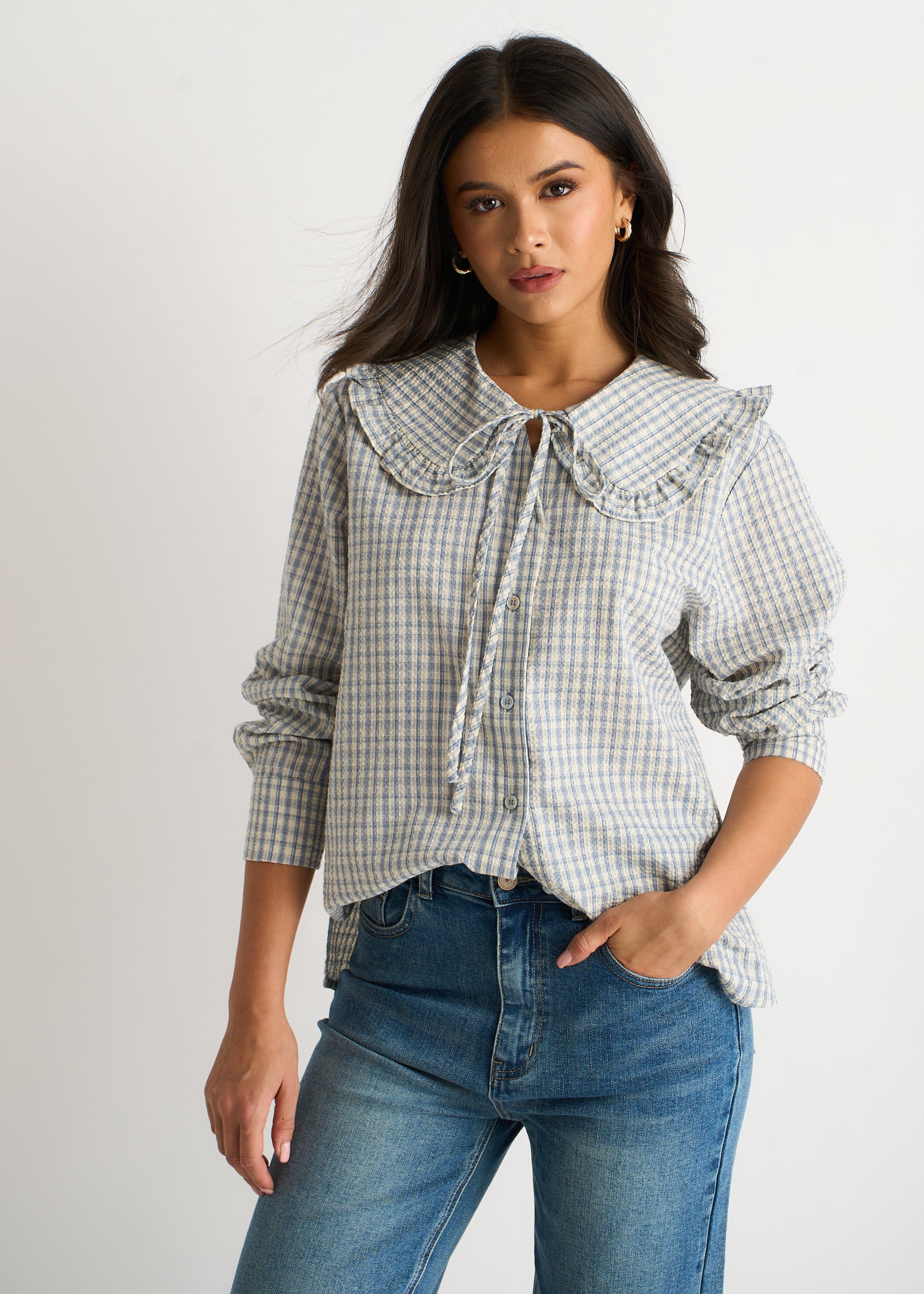 Gingham Textured Check Peter Pan Collared Shirt