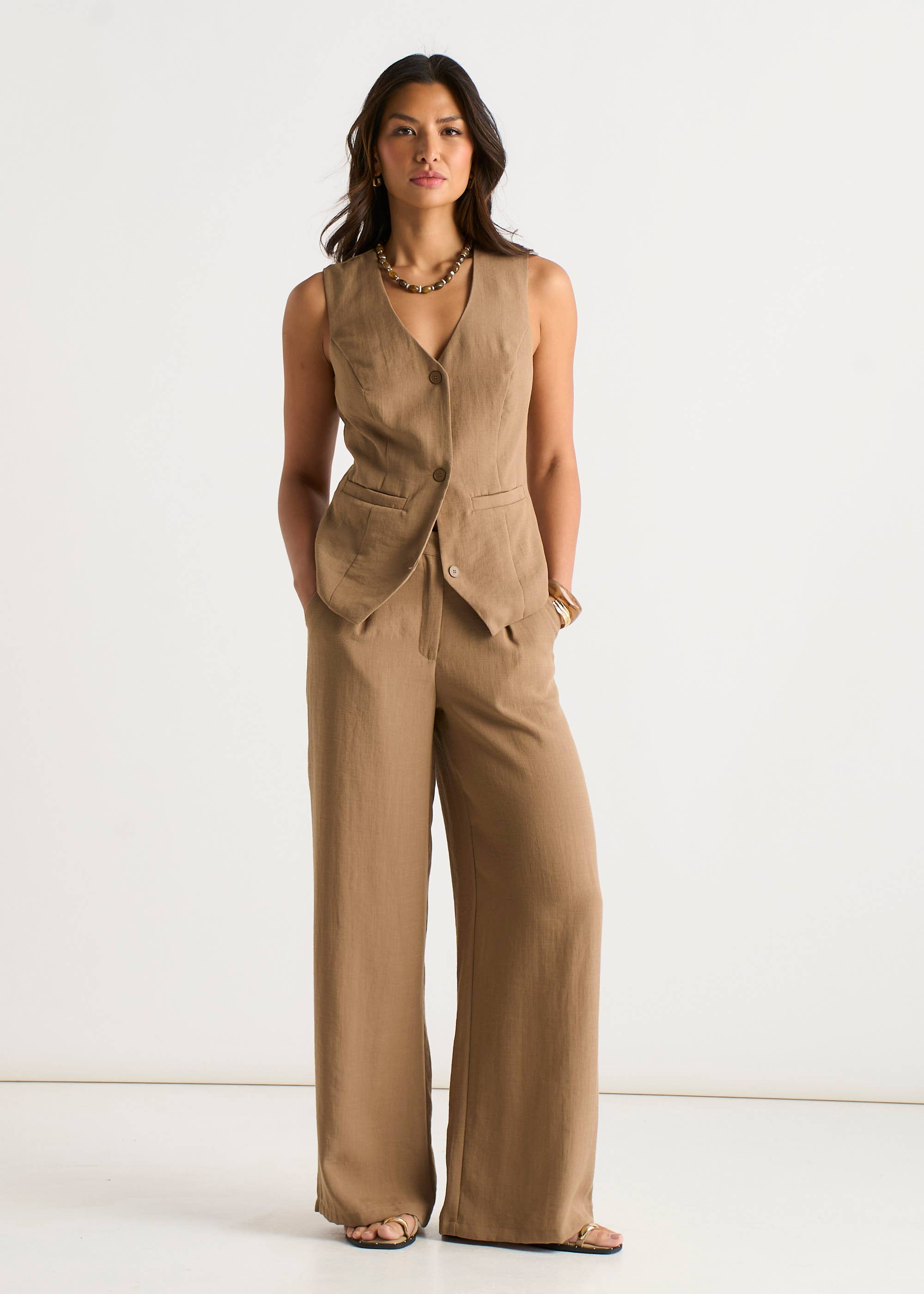 Camel Tailored Button-Up Waistcoat