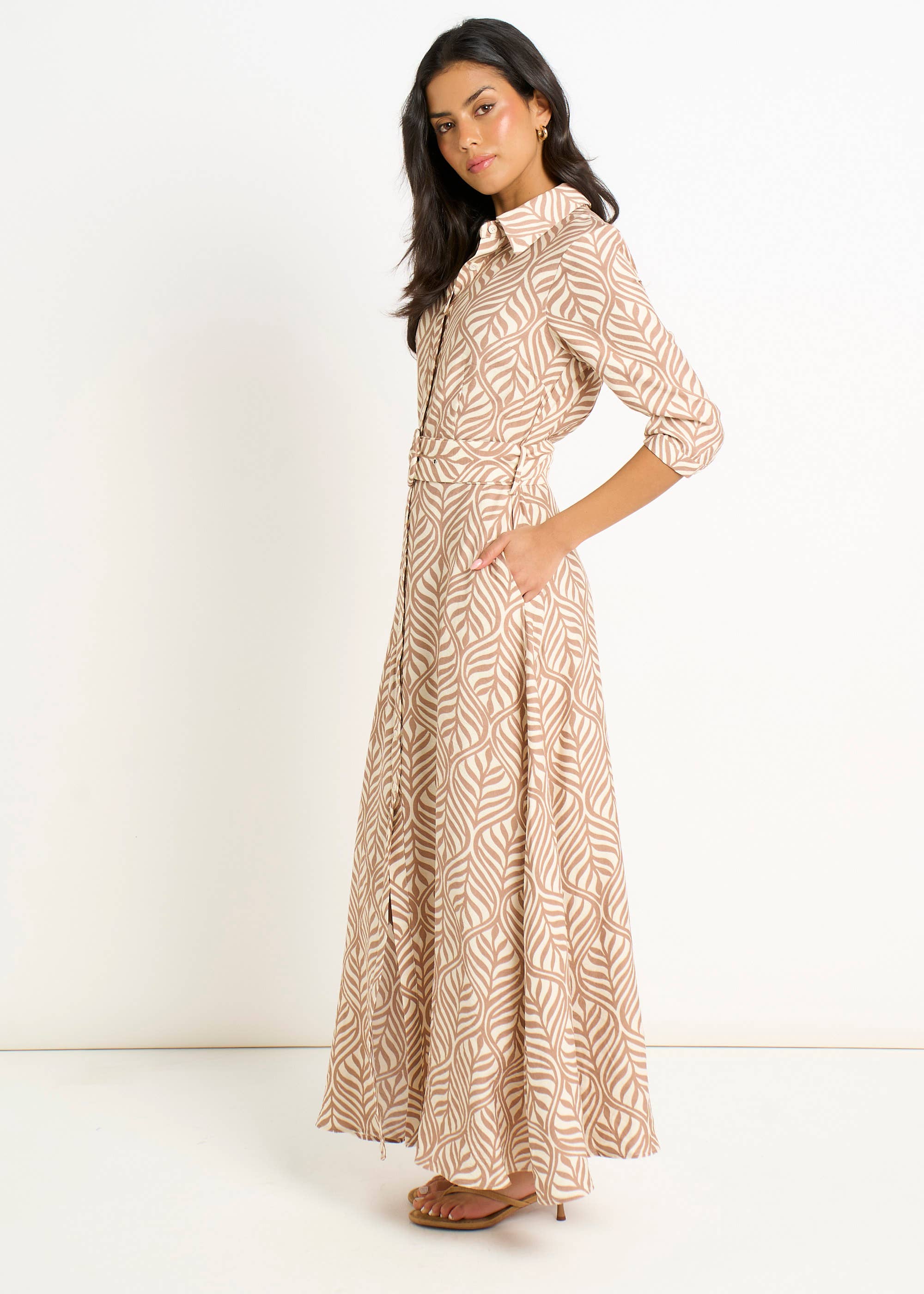 Beige Belted Shirt Maxi Dress