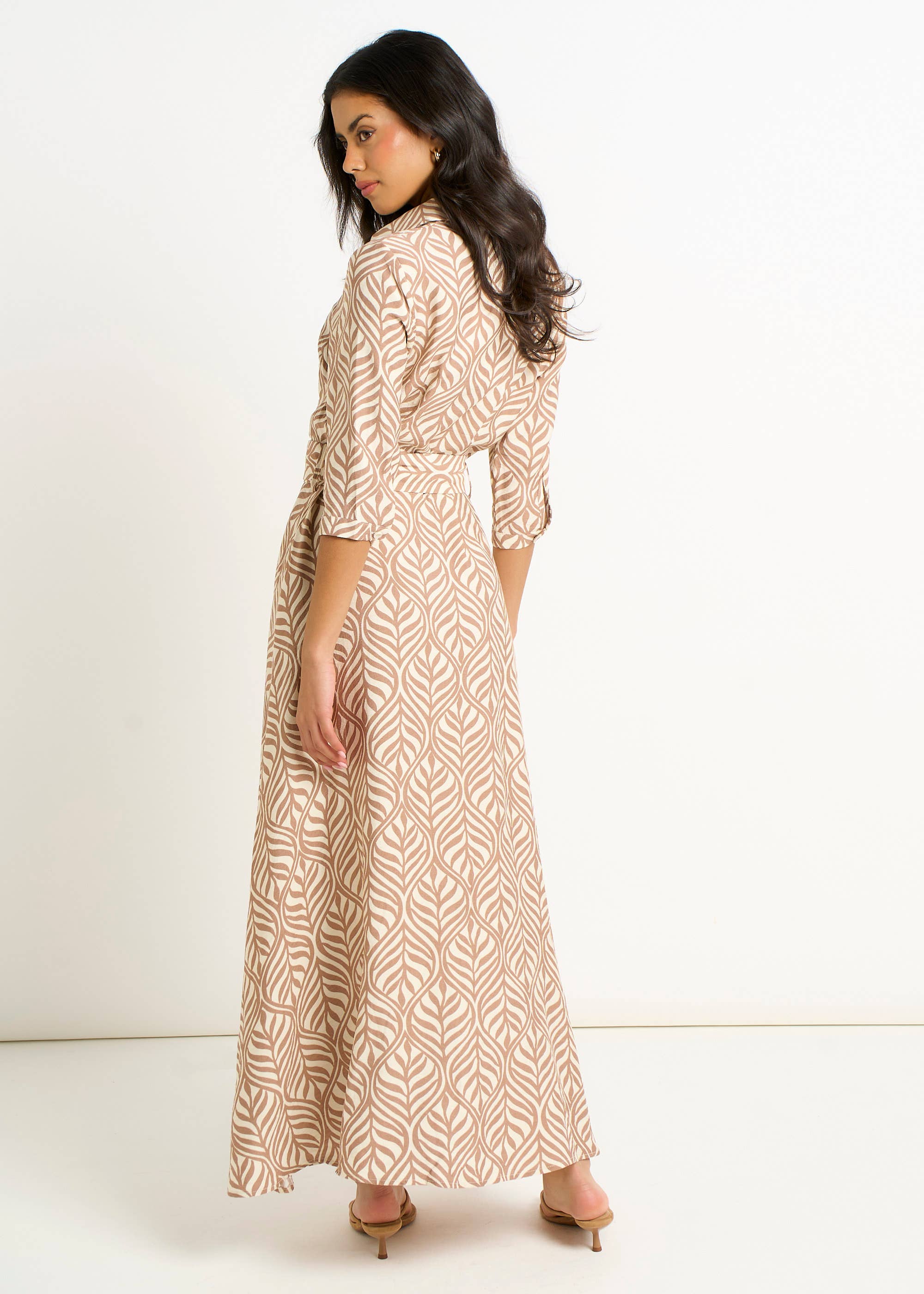 Beige Belted Shirt Maxi Dress