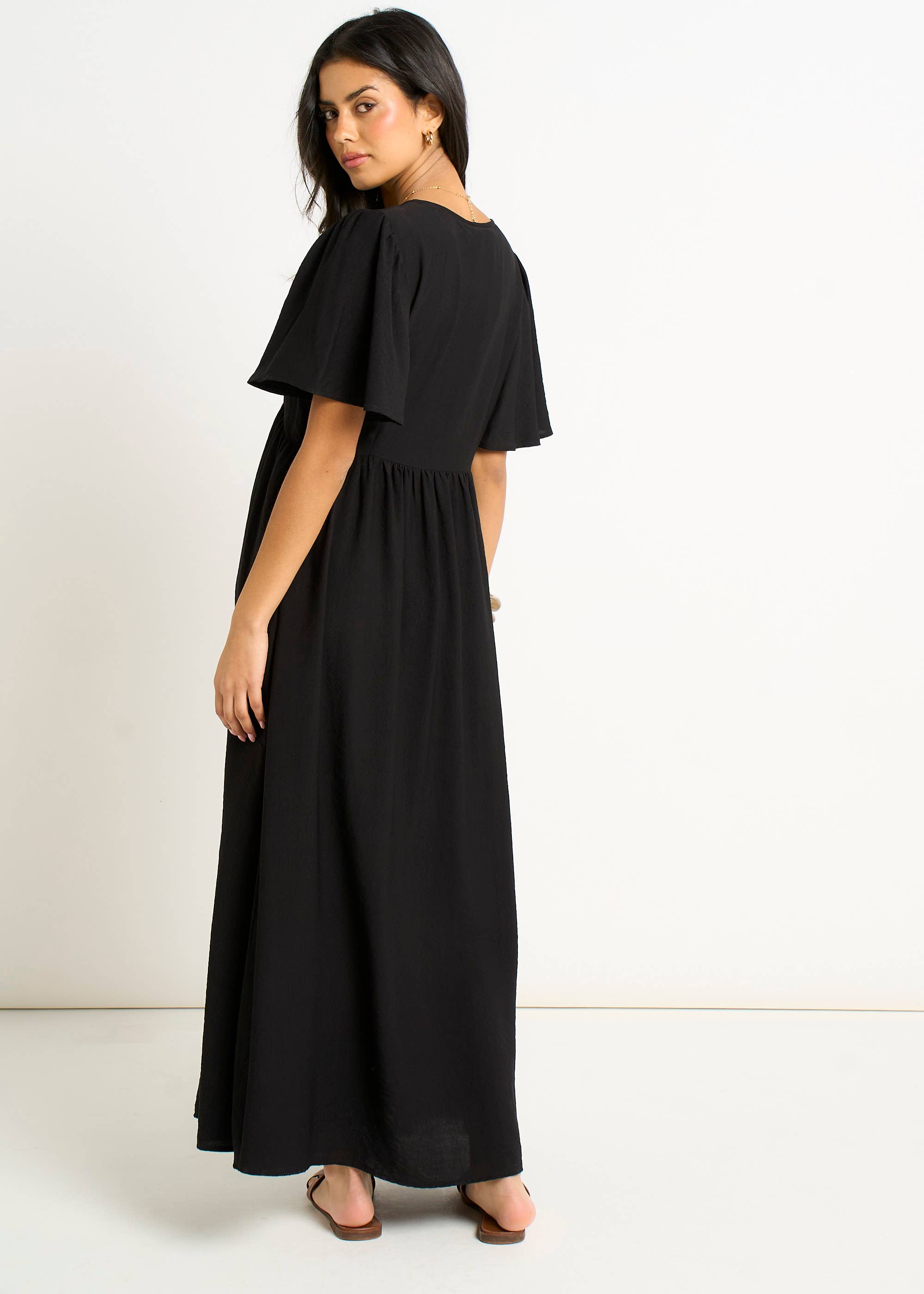 Black V Neck Angel Sleeves Skater Maxi Dress